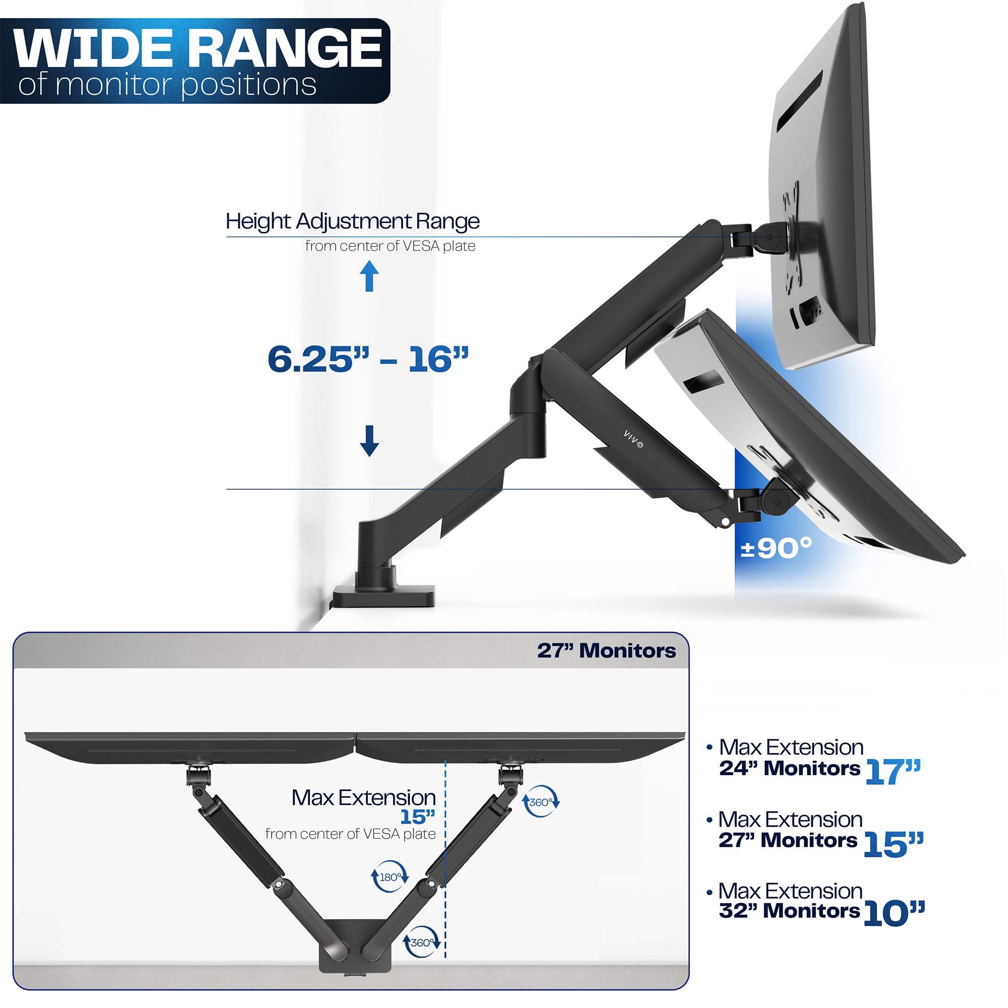 VIVO Dual Monitor up to 32 inches and 19.8 lbs per Screen, Pneumatic Arm Desk Mount, Articulating Counterbalance, VESA Stand, Classic, STAND-V002O 🍁 All In One Marketplace Canada