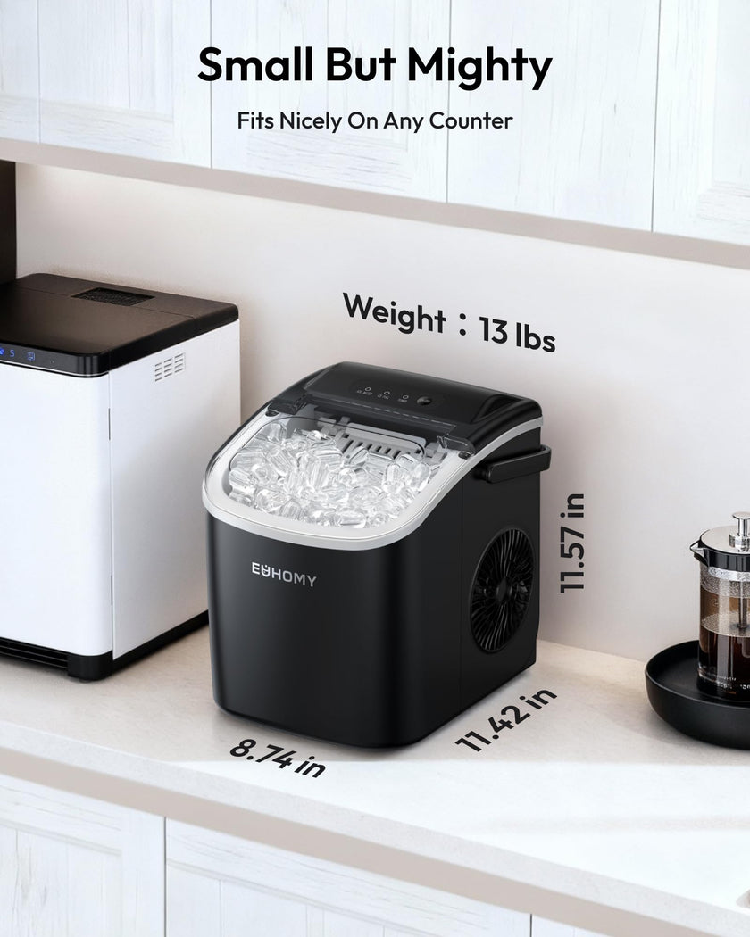 EUHOMY Countertop Ice Maker Machine with Handle, 26lbs in 24Hrs, 9 Ice Cubes Ready in 6 Mins, Auto-Cleaning Portable Ice Maker with Basket and Scoop, for Home/Kitchen/Camping/RV. (Black) 🍁 All In One Marketplace Canada