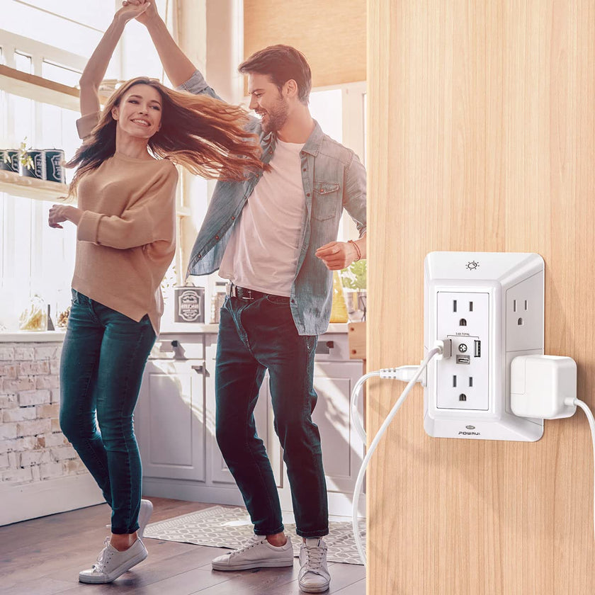 3-Sided Power Bars with Surge Protector, POWRUI 6-Outlet Extender with 3 USB Ports (1 USB C) and Night Light, Multi Plug Outlet and Spaced Outlets Adapter, ETL, White 🍁 All In One Marketplace Canada