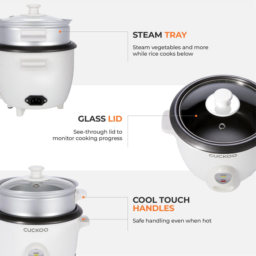 CUCKOO One Touch Rice Cooker 3-Cup (Uncooked) / 6-Cup (Cooked), Mini Rice Cooker & Warmer with Steamer Tray, Versatile Grain Cooker, Soup Maker, Auto Keep Warm, White (CR-0301C) 🍁 All In One Marketplace Canada