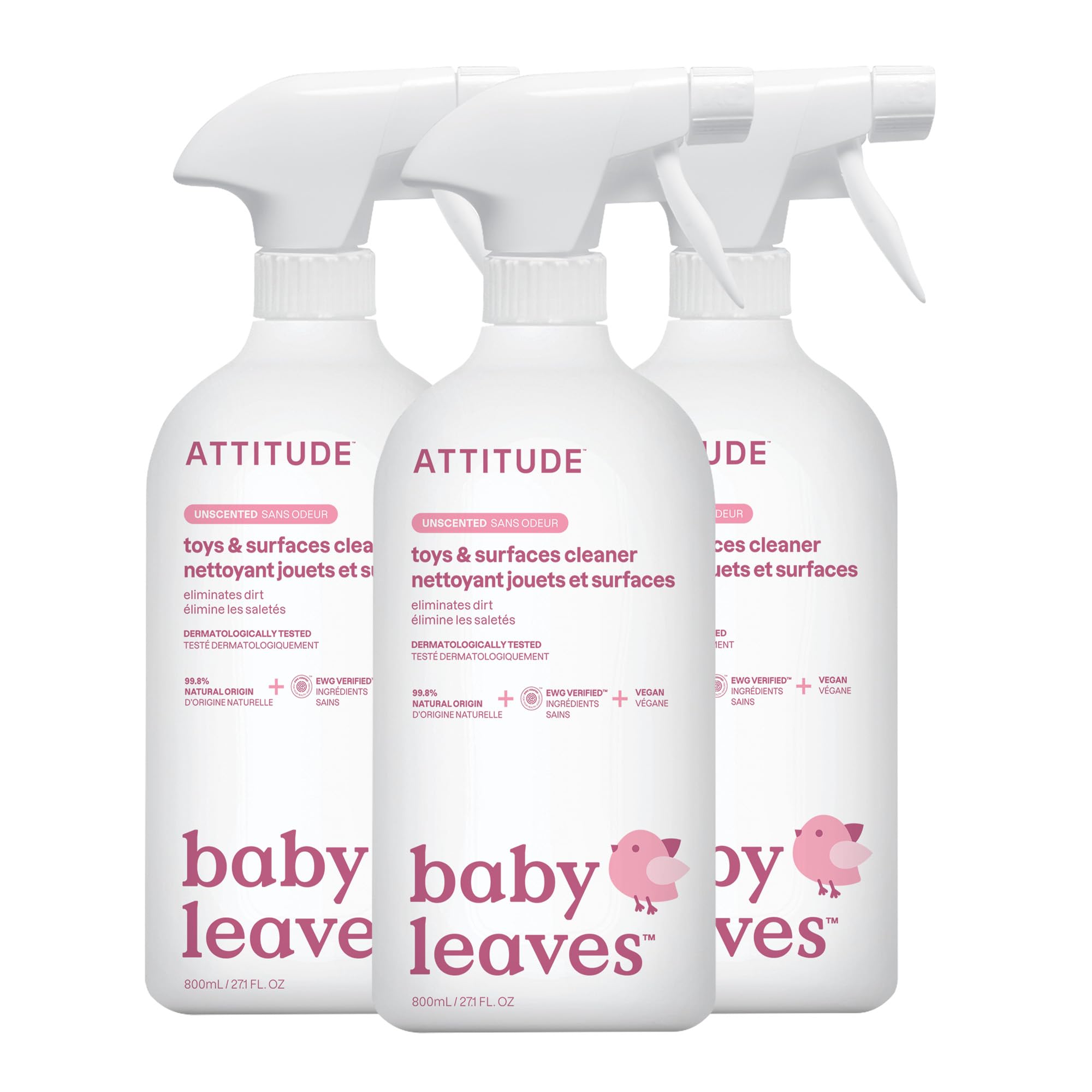 ATTITUDE Baby & Kids Toy Cleaner Spray, EWG Verified, Multi-Surface Cleaner for Toys, High Chairs & Play Areas, Naturally Derived, Vegan, Unscented, 800 mL (Pack of 3) 🍁 All In One Marketplace Canada