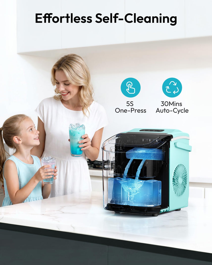 EUHOMY Countertop Ice Maker Machine with Handle, 26lbs Per Day, 9 Ice Cubes Ready in 6 Mins, Auto-Cleaning Portable Ice Maker with Basket and Scoop, for Home/Kitchen/Camping/RV (Green) 🍁 All In One Marketplace Canada