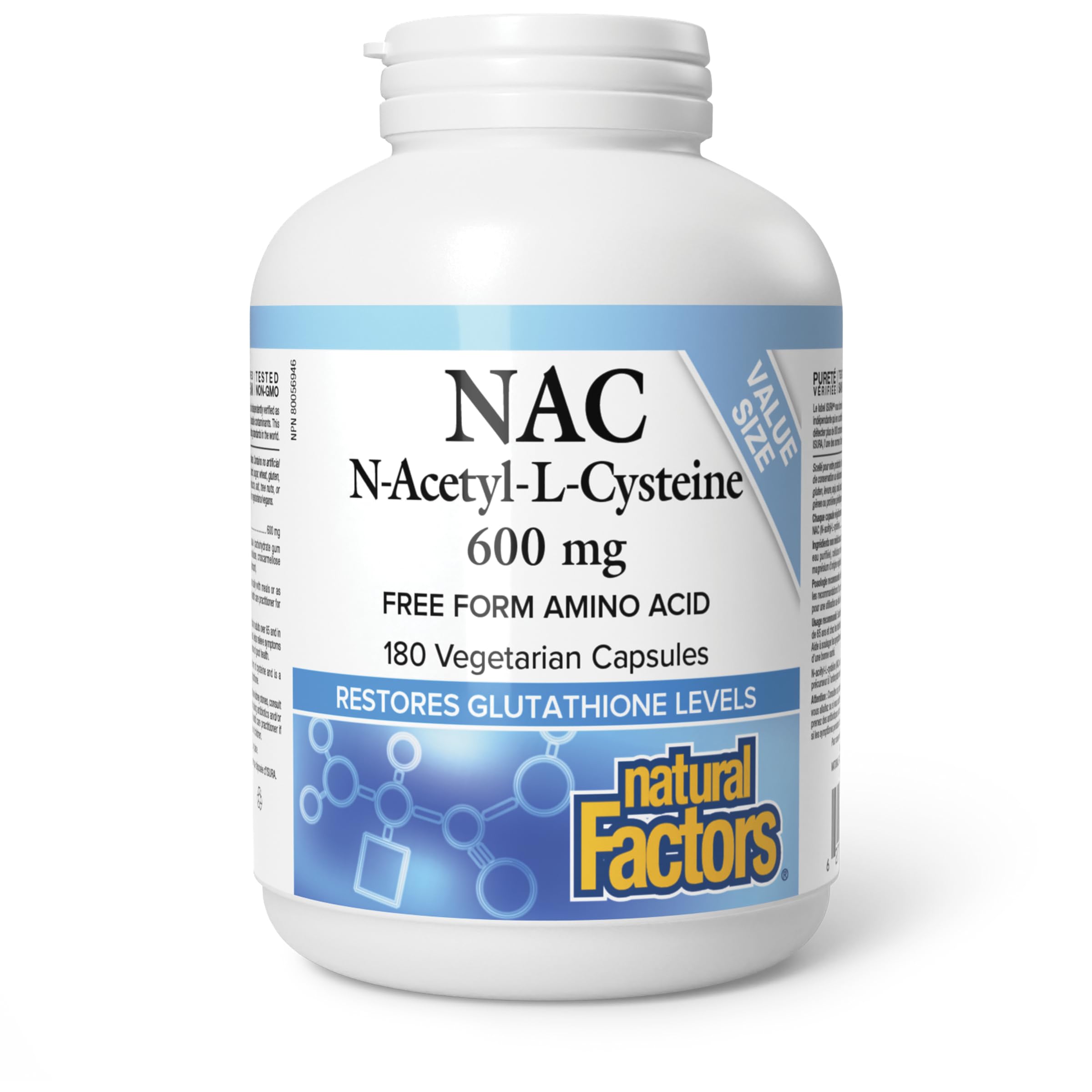 Natural Factors NAC Supplement (N-Acetyl-L-Cysteine), 600 mg, 180 Vegetarian Capsules, VALUE SIZE, Free Form Amino Acid, Helps Restore Glutathione Levels, Antioxidant Support, Proudly Canadian 🍁 All In One Marketplace Canada