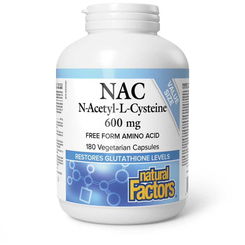 Natural Factors NAC Supplement (N-Acetyl-L-Cysteine), 600 mg, 180 Vegetarian Capsules, VALUE SIZE, Free Form Amino Acid, Helps Restore Glutathione Levels, Antioxidant Support, Proudly Canadian 🍁 All In One Marketplace Canada