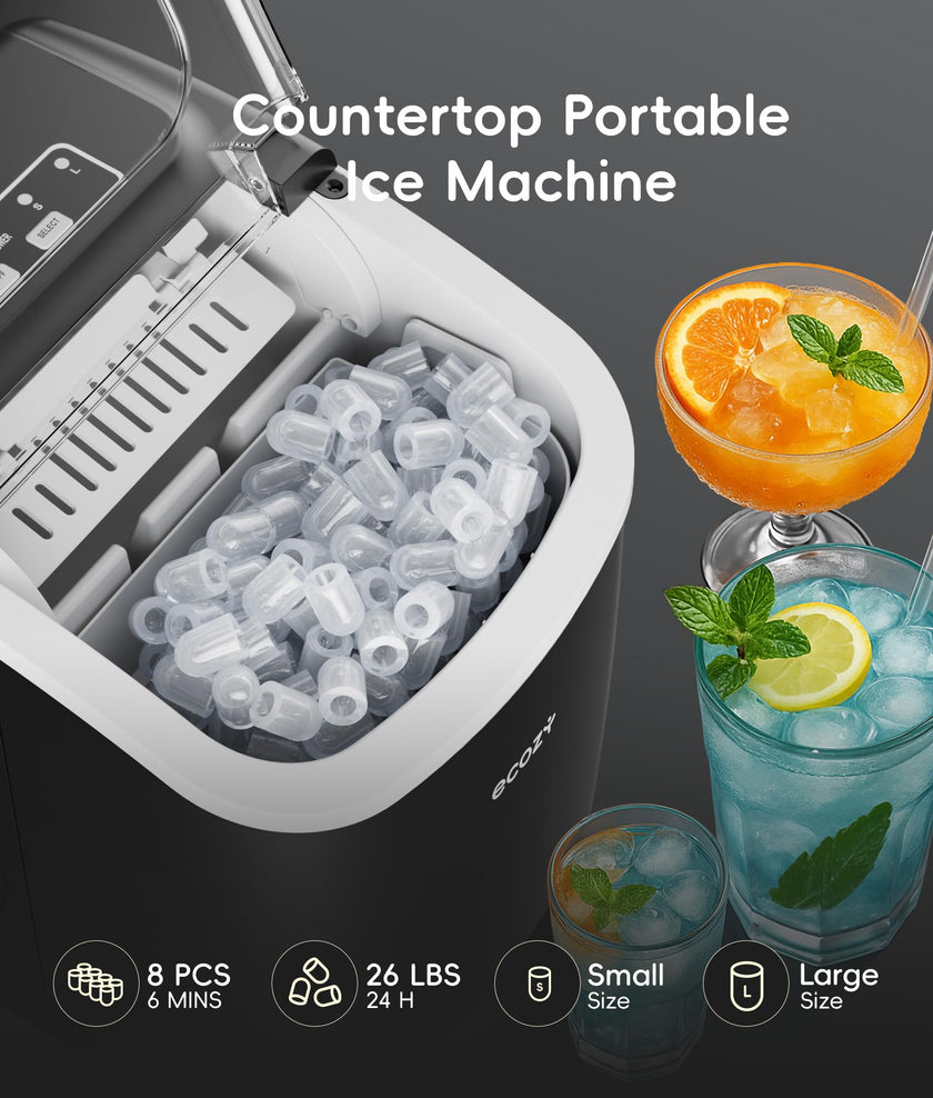 ecozy Portable Ice Makers Countertop, 8 Cubes in 6 Mins, 26lbs/Day, Bullet Ice Maker Machine with 2 Ice Sizes, Self-Cleaning Ice Maker with Carry Handle for Home/Kitchen/Party/Travel - 2026 Version 🍁 All In One Marketplace Canada