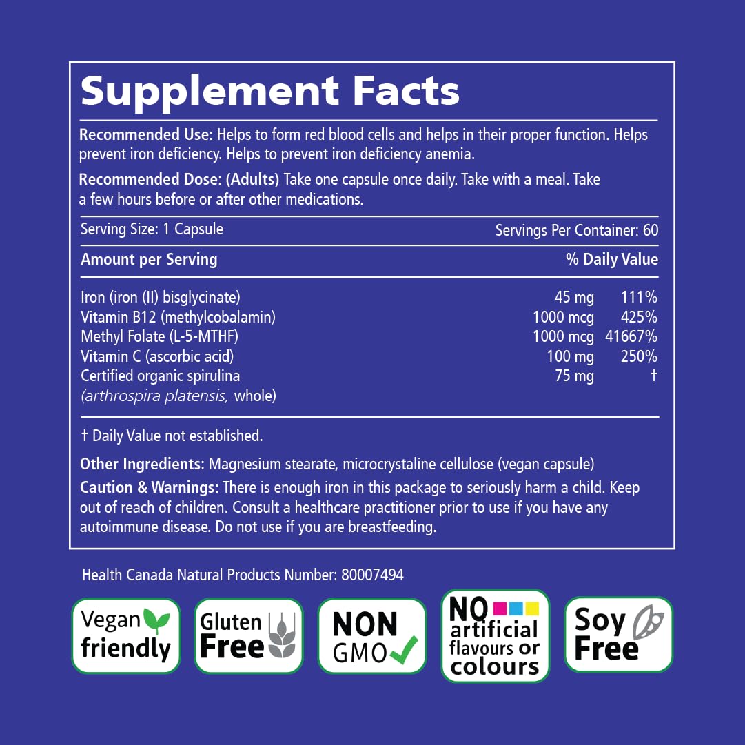 VITALITY Power Iron Supplement 45 mg – Gentle Iron, Vitamin C, B12 & Folate 🍁 All In One Marketplace Canada