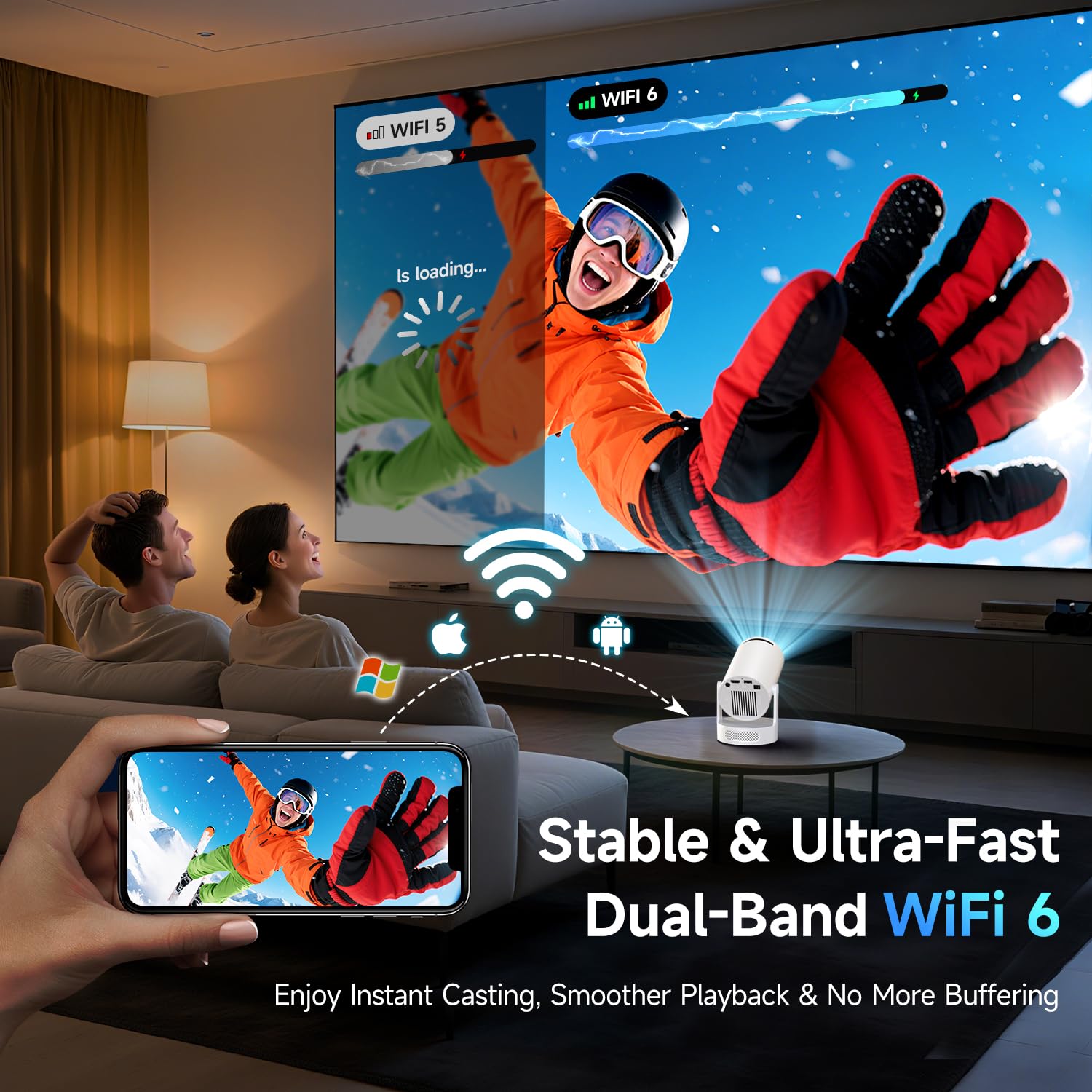 Kimwood Projector with Upgraded HiFi Speaker, [Built-in Apps] 1080P Mini Portable Projector Lower Noise Auto Keystone WiFi 6 Bluetooth 5.4 Ultra Short Throw Projectors Big Screen in Small Room 🍁 All In One Marketplace Canada