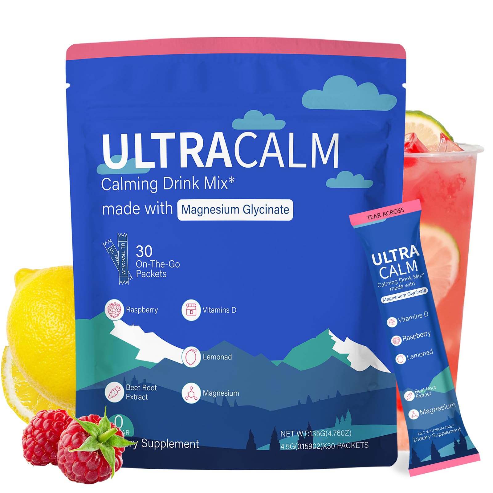 GMOOKEY UltraCalm Super Drink Packets, Raspberry Lemonade Flavor, Sugar‑Free Stress Relief & Focus Support with Magnesium, Non‑GMO, Vegetarian (30 Servings) 🍁 All In One Marketplace Canada