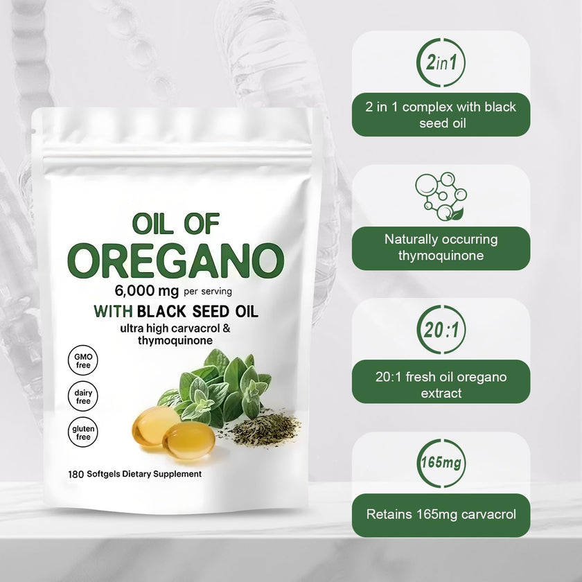 Oil of Oregano Softgels 6000mg Per Serving, 2 in 1 Formulated with Black Seed Oil 200mg, 4X Strength Carvacrol & Thymoquinone | Plant Based, Non-GMO & Immune Support (180 Count/1 Bag) 🍁 All In One Marketplace Canada