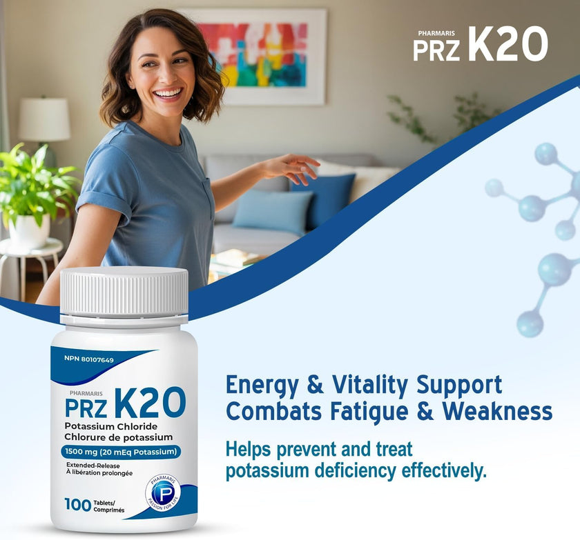 Pharmaris K-20 Potassium Chloride 1500mg Extended Release Tablets, Provides 20 mEq Potassium, Electrolyte Replenisher for Hypokalemia Treatment, Daily Use Supplement, 100 Tablets 🍁 All In One Marketplace Canada