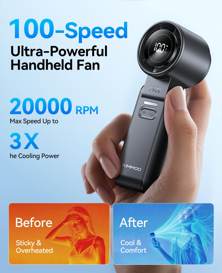 KIMMOO 3-in-1 Portable Handheld Turbo Fan -100 Speeds, 10800 RPM, 12Hrs Cooling, 120° Rotation, USB Rechargeable Mini Hand Held Personal Fan for Travel Makeup Outdoor Indoor (Black) 🍁 All In One Marketplace Canada