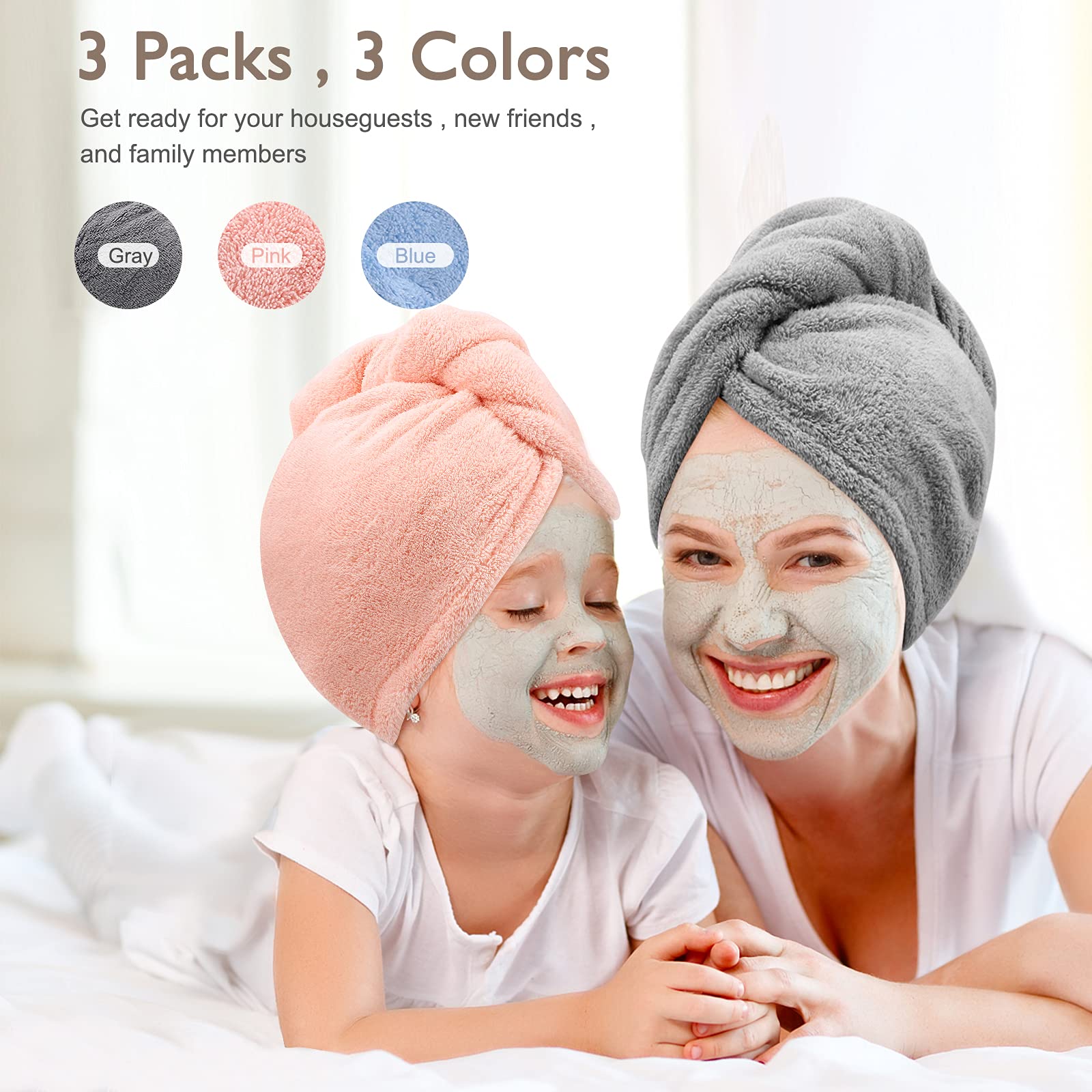 3 Pack Microfiber Hair Towel BEoffer Super Absorbent Hair Wraps for Women Wet Hair, Fast Drying Hair Turban, Hair Caps with Buttons for Drying Curly, Long & Thick Hair Anti Frizz (Gray+Pink+Blue) 🍁 All In One Marketplace Canada