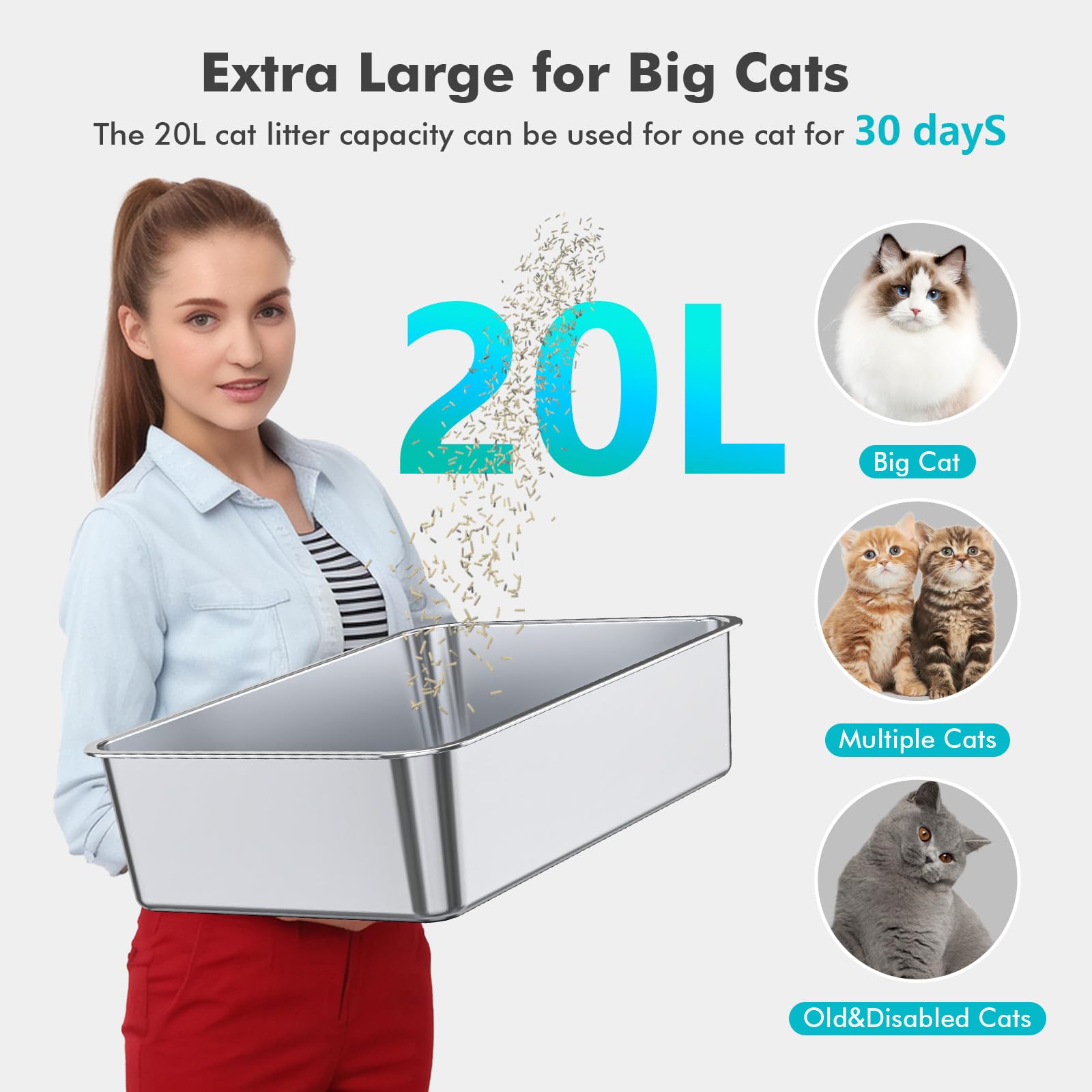 ZuHucpts Stainless Steel Cat Litter Box, Large Metal Litter Pan for Cats (20