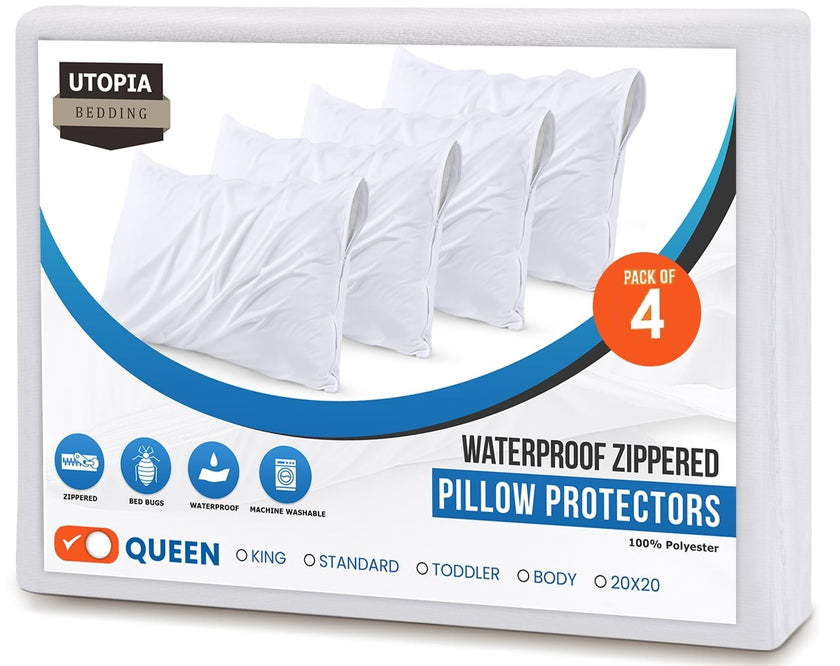 Utopia Bedding Set of 4 Waterproof Pillow Protectors with Zipper Queen Size (White), Ultra Soft Pillow Covers, Bed Bug and Dust Mite Proof Pillow Encasements, Moisture Wicking Pillow Cases 🍁 All In One Marketplace Canada