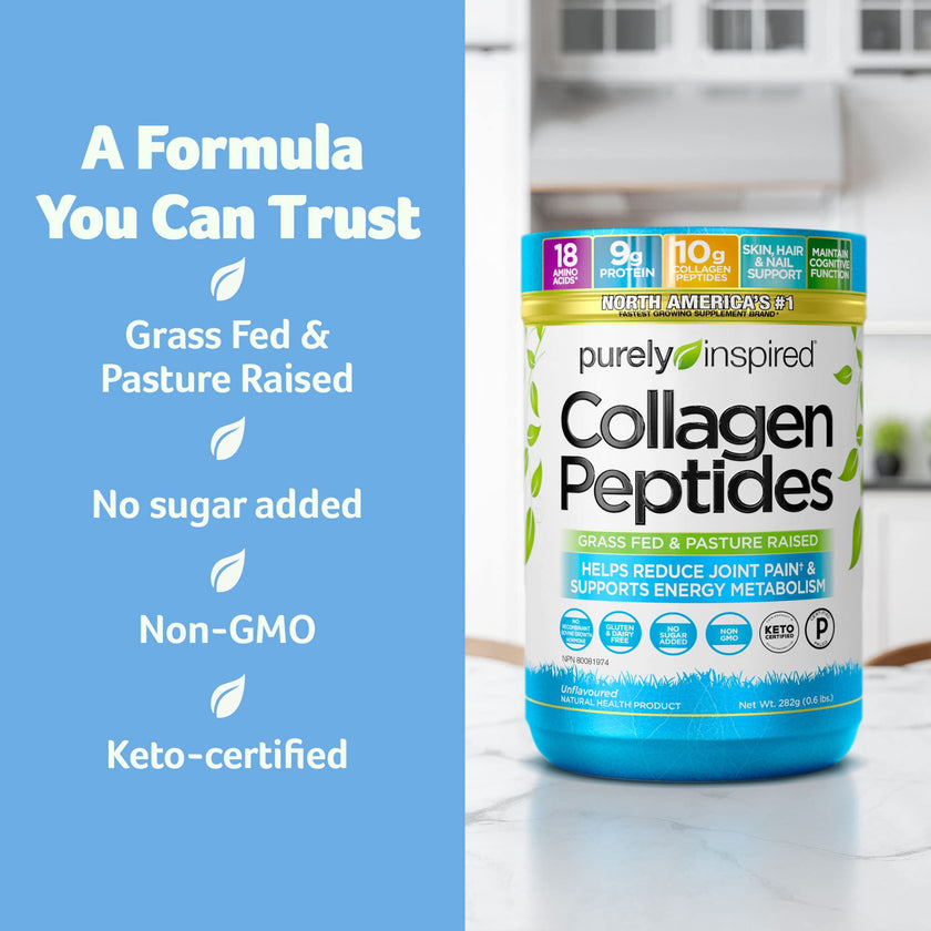 Purely Inspired Collagen Peptides Powder for Women & Men (Unflavoured) - Paleo & Keto-Friendly Supplement for Healthy Skin & Hair - Grass-Fed & Pasture Raised - 282g, 28 Servings (Pack of 1) 🍁 All In One Marketplace Canada