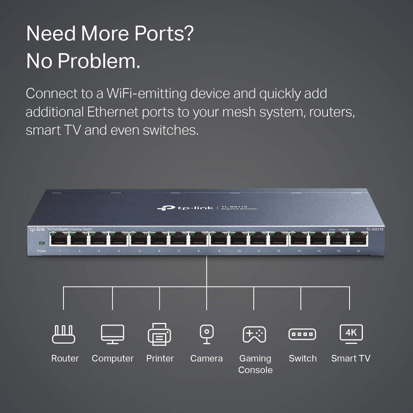 TP-Link 16 Port Gigabit Ethernet Network Switch, Desktop and Wall-Mount, Fanless, Sturdy Metal with Shielded Ports, Traffic Optimization, Unmanaged, Limited Lifetime Protection (TL-SG116) 🍁 All In One Marketplace Canada