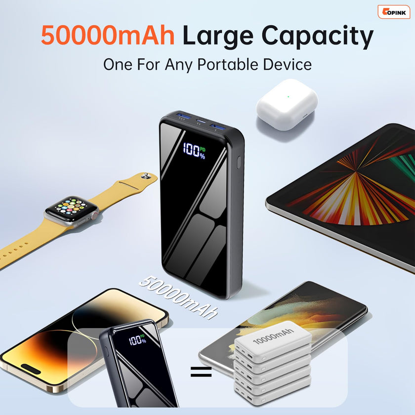 Portable Charger with Built in Cables, 50000mAh Power Bank Fast Charging 6 Outputs 2 Inputs with LED Display External Battery Pack Compatible with Cellphones Tablets AirPods etc 🍁 All In One Marketplace Canada