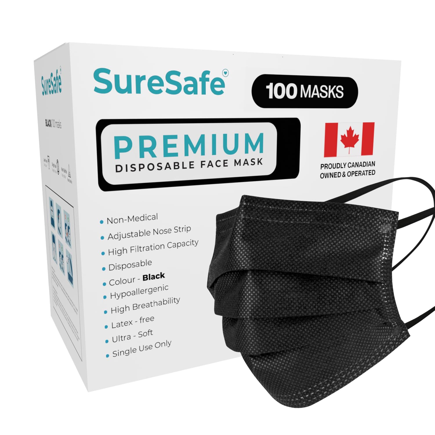 SURESAFE Premium Black Mask - Disposable Face Mask Pack of 100, 3 Ply face mask with Ear Loop, Women and Men Face Mask, High Filtration 🍁 All In One Marketplace Canada