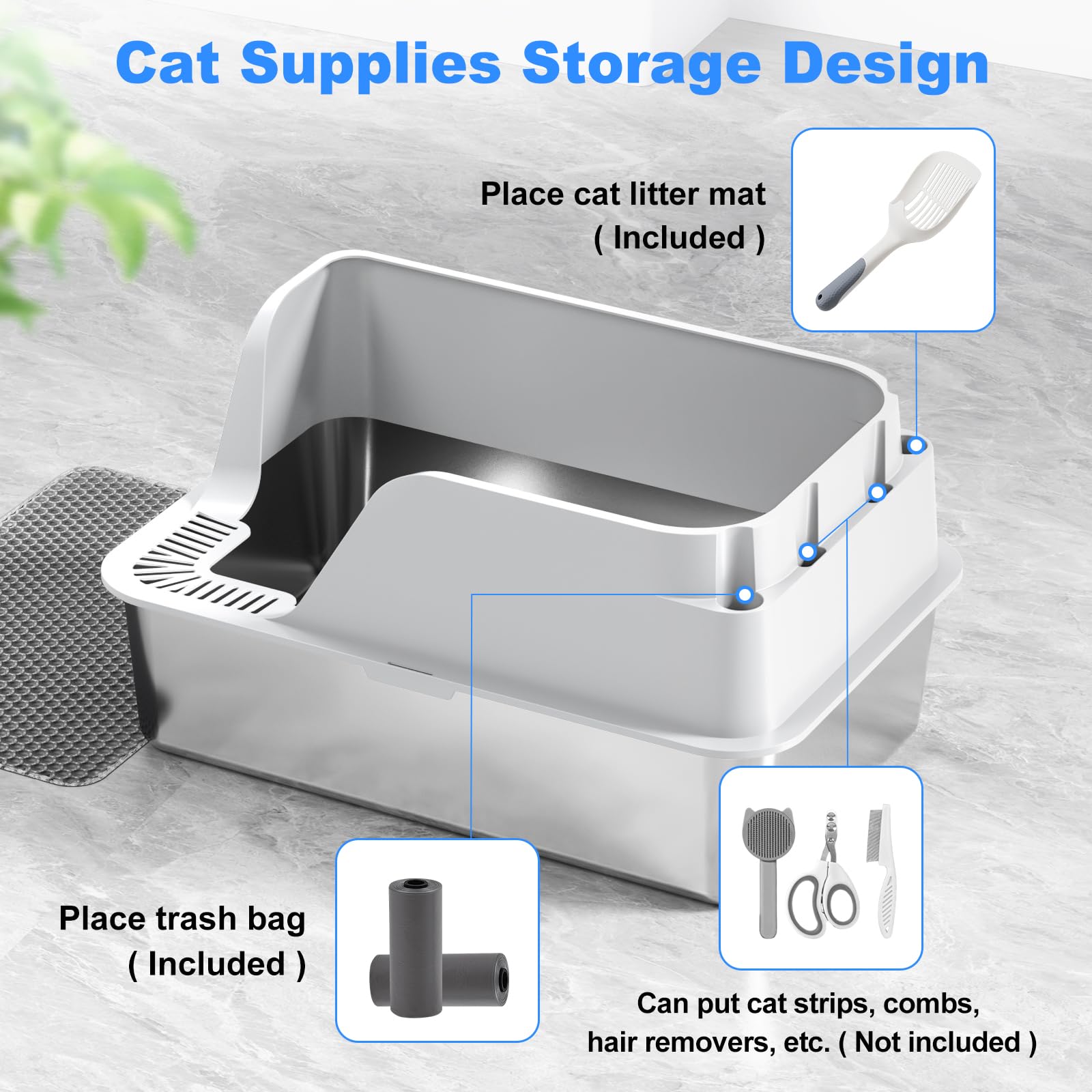 Stainless Steel Cat Litter Box with Lid, XL for Big Cats, High Sided Metal Litter Pan, Anti Leakage,Odor-Free & Easy Cleaning,Included Scoop &Trash Bag*2 & Mat & Sticker (White) 🍁 All In One Marketplace Canada