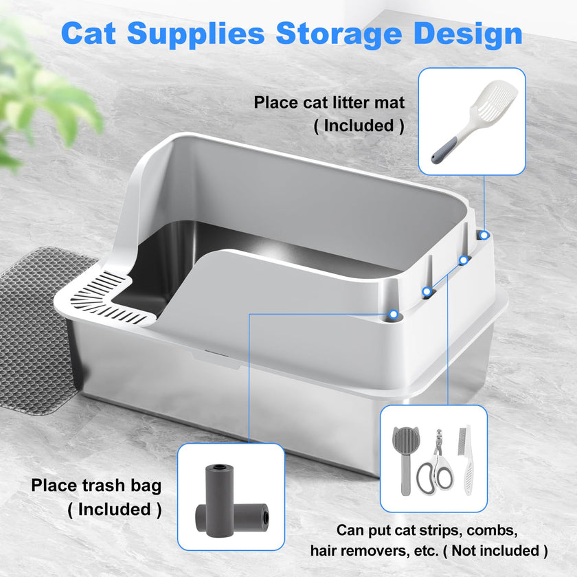 Stainless Steel Cat Litter Box with Lid, XL for Big Cats, High Sided Metal Litter Pan, Anti Leakage,Odor-Free & Easy Cleaning,Included Scoop &Trash Bag*2 & Mat & Sticker (White) 🍁 All In One Marketplace Canada