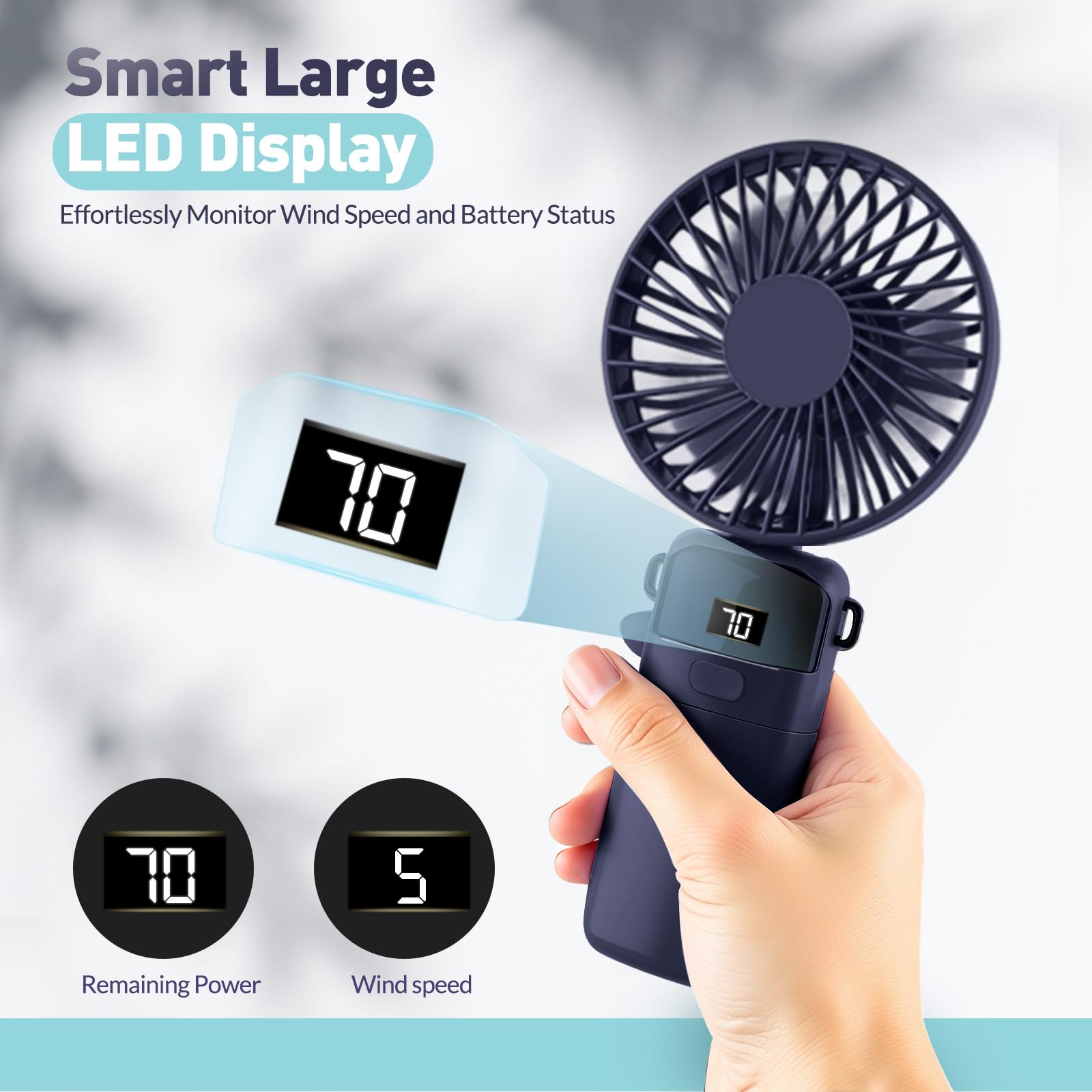 Portable Handheld Fan Rechargeable Small Fan 5 Speeds with Lanyard and Base USB Desk Fan Foldable Quiet Personal Fan with LED Display for Office, Home, Travel, Outdoor 🍁 All In One Marketplace Canada