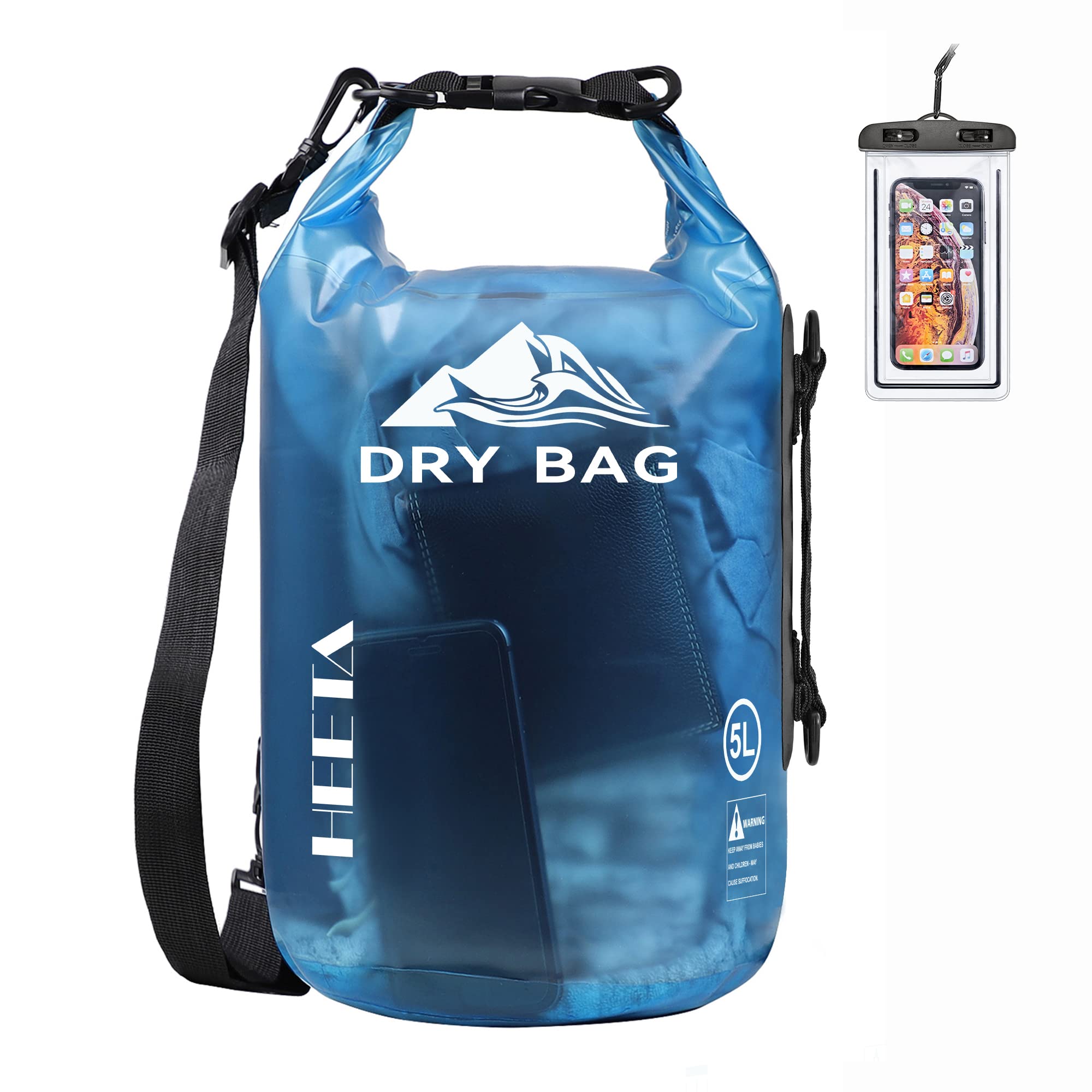 HEETA Dry Bag Waterproof for Women Men, Roll Top Lightweight Dry Storage Bag Backpack with Phone Case for Travel Swimming Boating Kayaking Paddle Board Camping Beach Accessories (Transparent Blue, 5L) 🍁 All In One Marketplace Canada