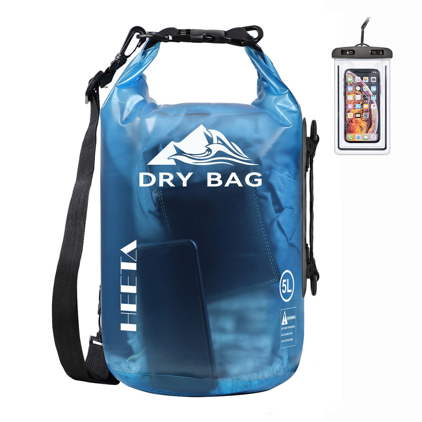 HEETA Dry Bag Waterproof for Women Men, Roll Top Lightweight Dry Storage Bag Backpack with Phone Case for Travel Swimming Boating Kayaking Paddle Board Camping Beach Accessories (Transparent Blue, 5L) 🍁 All In One Marketplace Canada