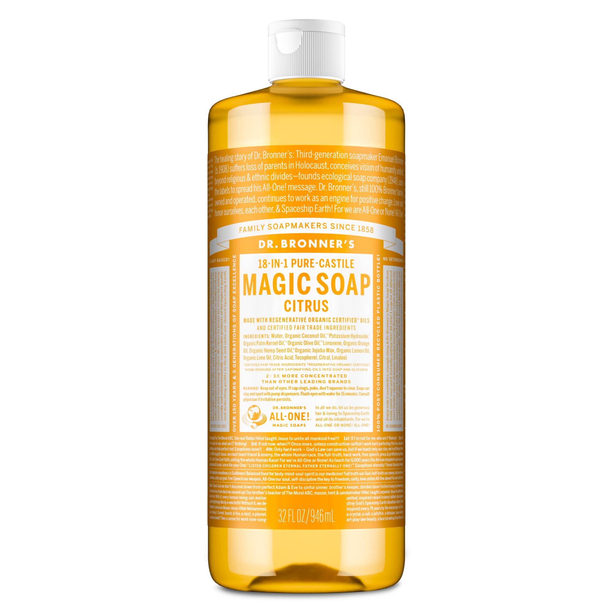 Dr. Bronner’s - Pure-Castile Liquid Soap (Citrus, 946 mL) - Made with Organic Oils, 18-in-1 Uses: Face, Body, Hair, Laundry, Pets and Dishes, Concentrated, Vegan, Non-GMO 🍁 All In One Marketplace Canada
