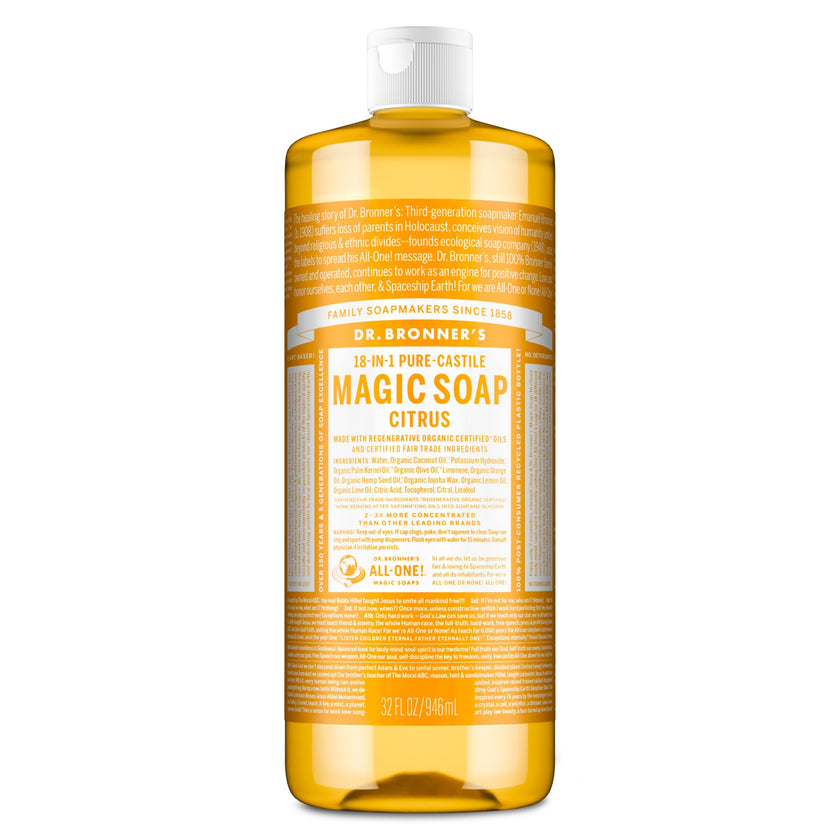 Dr. Bronner’s - Pure-Castile Liquid Soap (Citrus, 946 mL) - Made with Organic Oils, 18-in-1 Uses: Face, Body, Hair, Laundry, Pets and Dishes, Concentrated, Vegan, Non-GMO 🍁 All In One Marketplace Canada