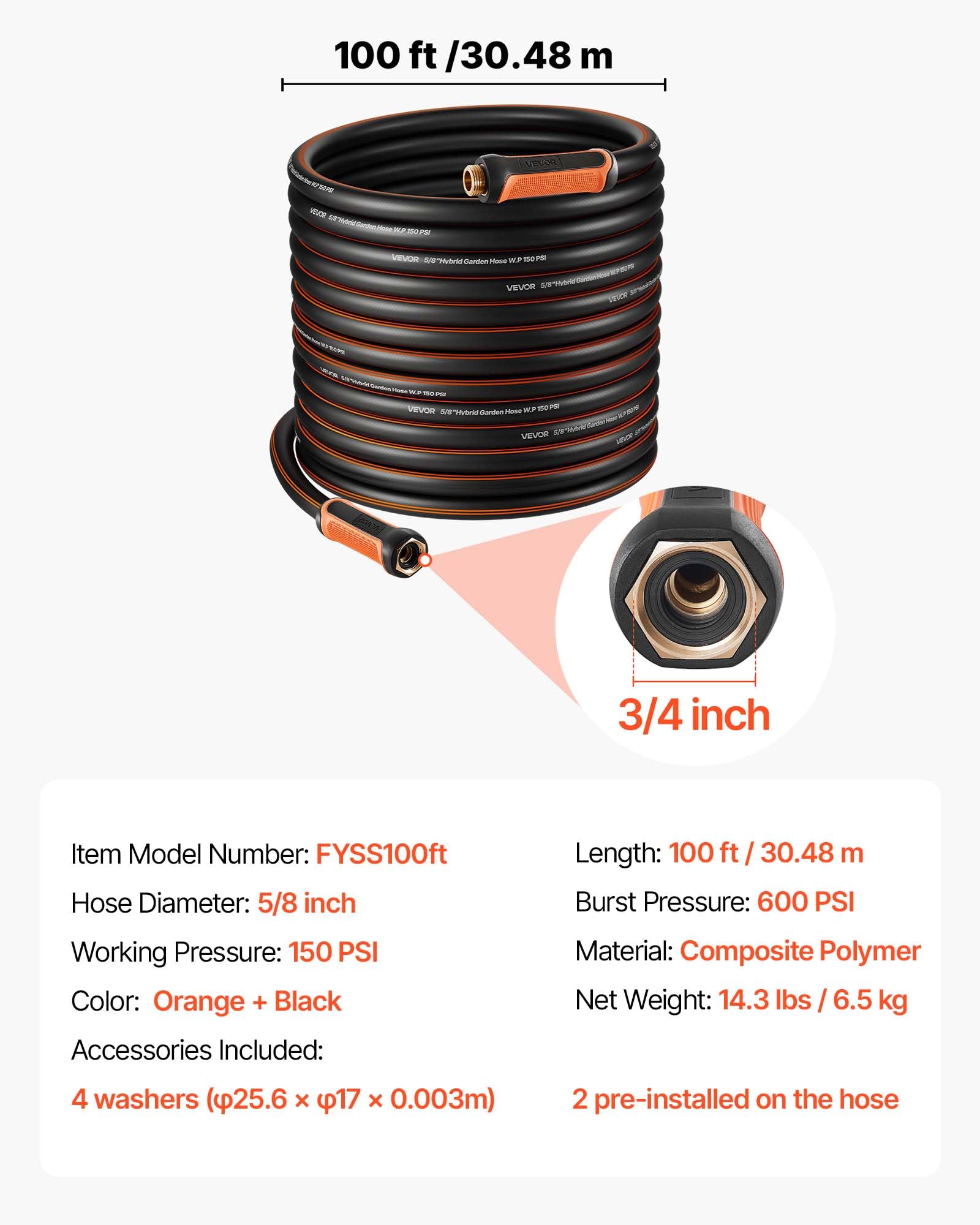 VEVOR Garden Hose, 100 ft 5/8