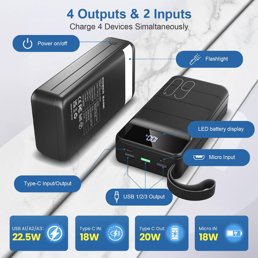 PowerBank 60000mAh Fast Charging,Battery Pack 22.5W Power Bank with USB C, Portable Charger,4 Outputs and 2 Inputs LED Display Compatible with Android Tablets iPhone etc. 🍁 All In One Marketplace Canada