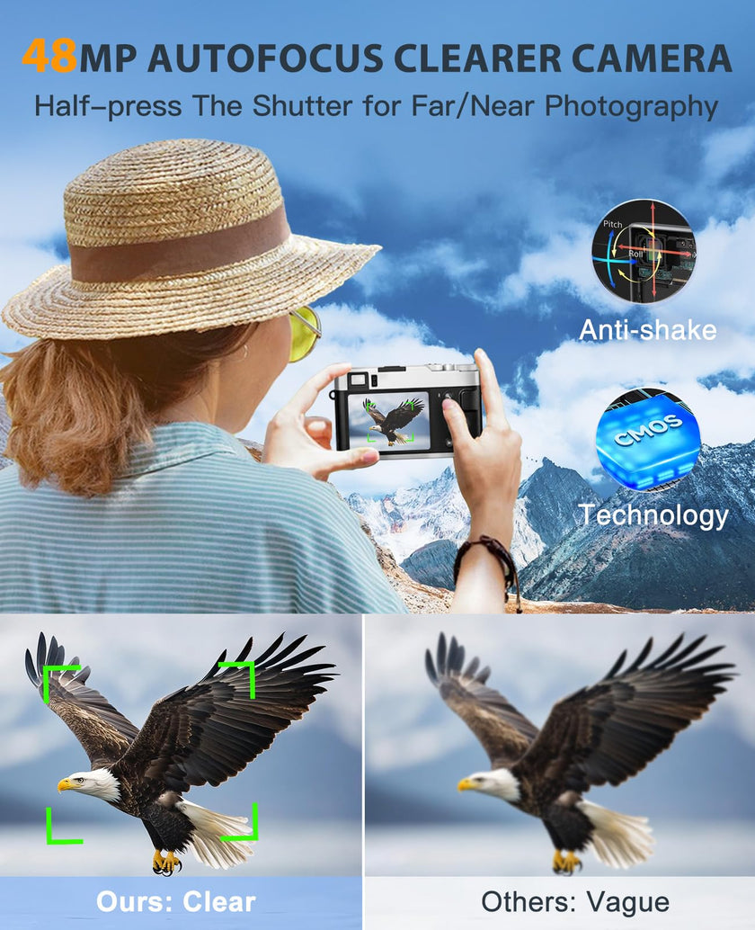 ToAuite 4K Digital Camera with Viewfinder, 48MP Autofocus Vlogging Camera for Photography and Video, Anti-Shake 16X Zoom Travel Portable Camera with Flash 32GB Card, Selfie YouTube Cameras with Dial 🍁 All In One Marketplace Canada