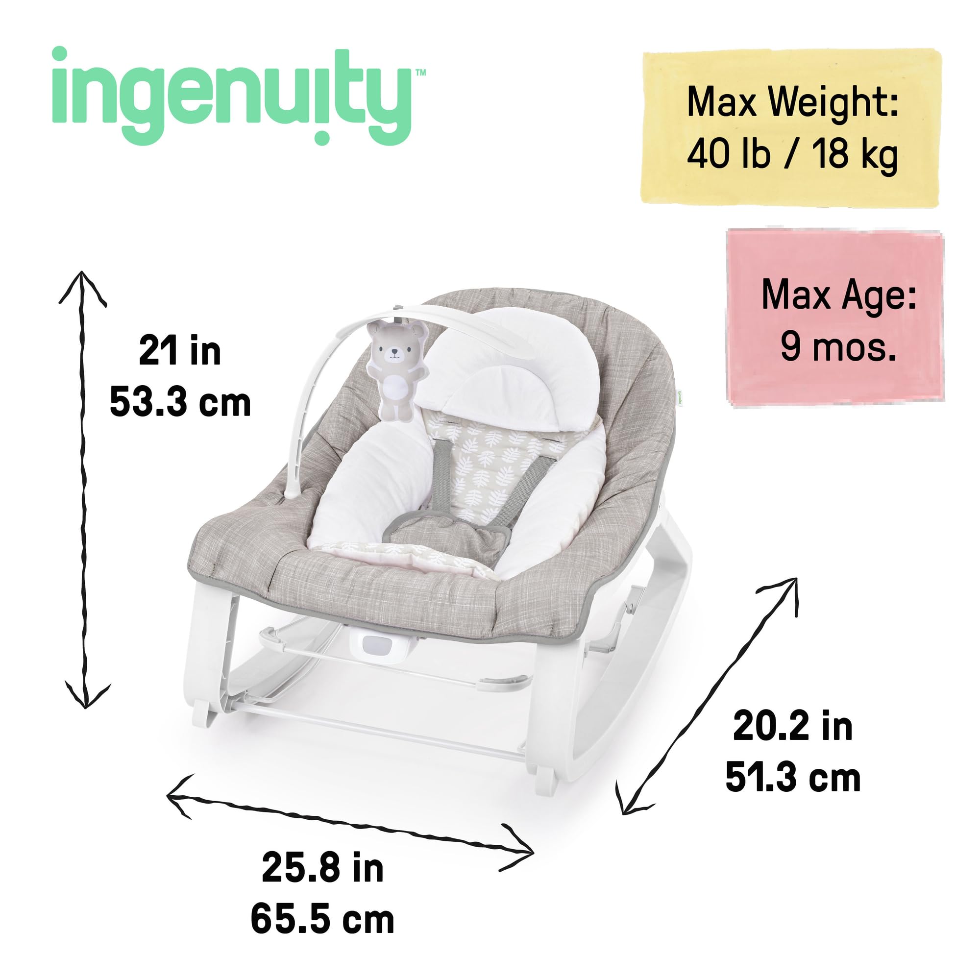 Ingenuity Keep Cozy 3-in-1 Grow with Me Vibrating Baby Bouncer Seat & Infant to Toddler Rocker, Vibrations & Toy Bar, 0-30 Months Up to 40 lbs - Linden 🍁 All In One Marketplace Canada