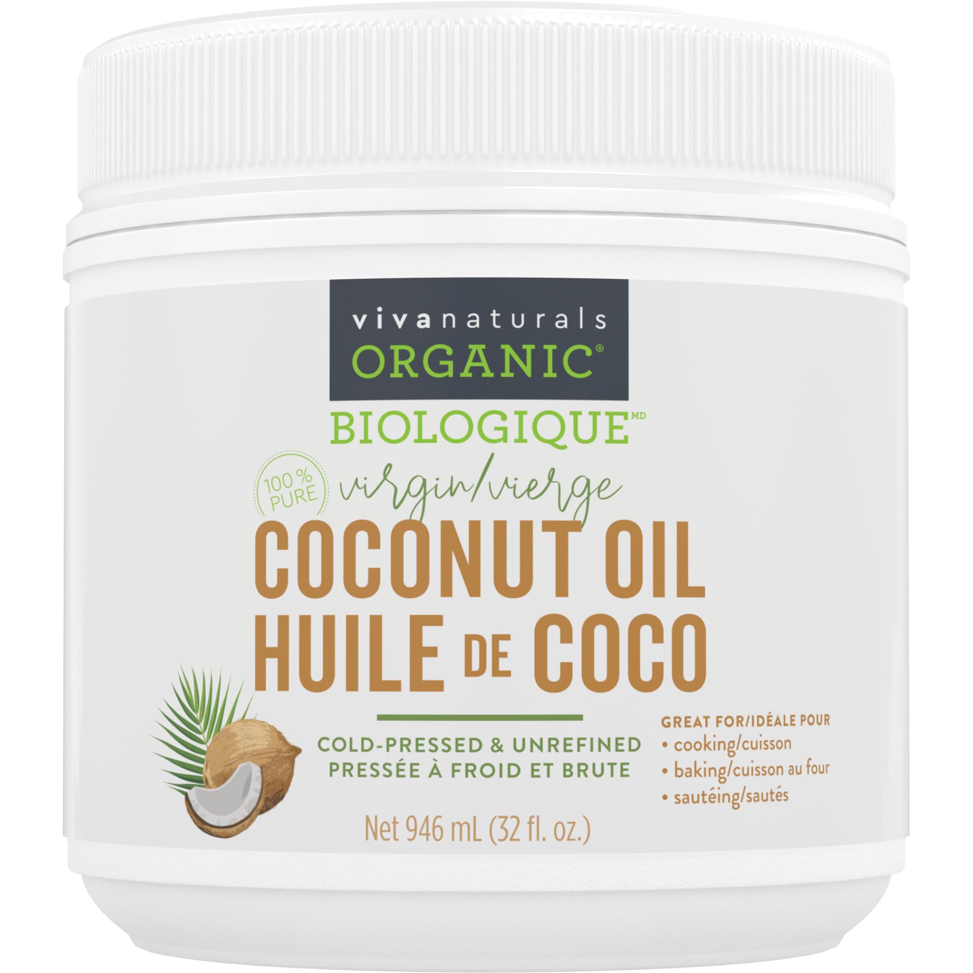 Viva Naturals Organic Virgin Coconut Oil, 32 fl oz (946 mL) – Coconut Oil for Hair, Skin, Cooking & Baking – Cold-Pressed, Unrefined & Non-GMO – Keto & Paleo Certified – BPA-Free Jar 🍁 All In One Marketplace Canada