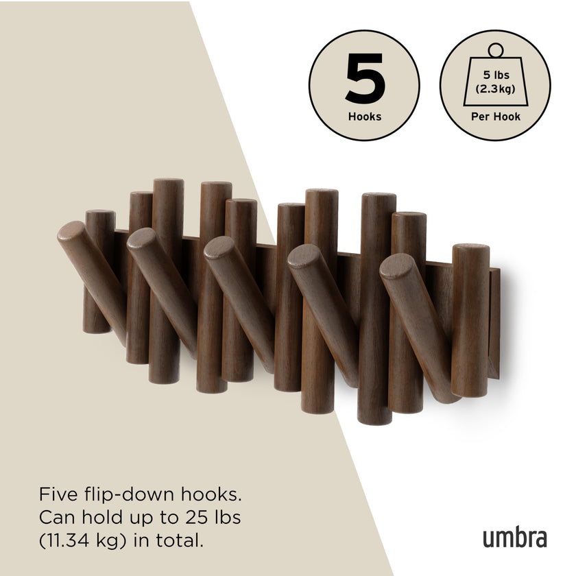 Umbra Picket Wall-Mounted Coat Rack Rail Hook with 5 Retractable Wood Pegs – Modern, Space-Saving Storage Organizer, Walnut 🍁 All In One Marketplace Canada