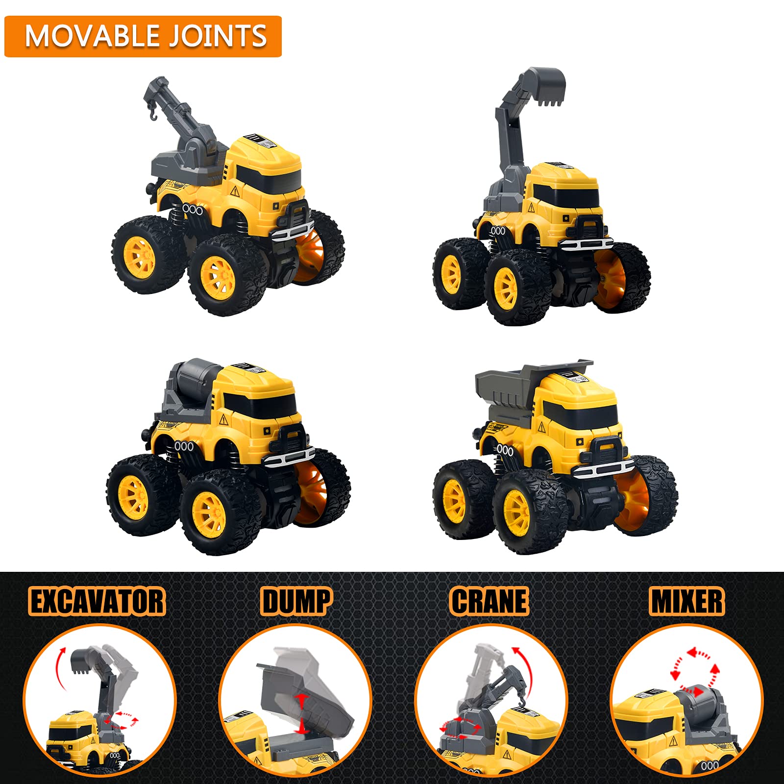 Construction Monster Truck Toys - 4pcs Excavator, Mixer, Crane, Dump Trucks Toy | Push and Go Friction Powered Cars Stunt Vehicles Playset | Kids Birthday Party Favors Gifts for 3+ Year Old Boys Girls 🍁 All In One Marketplace Canada