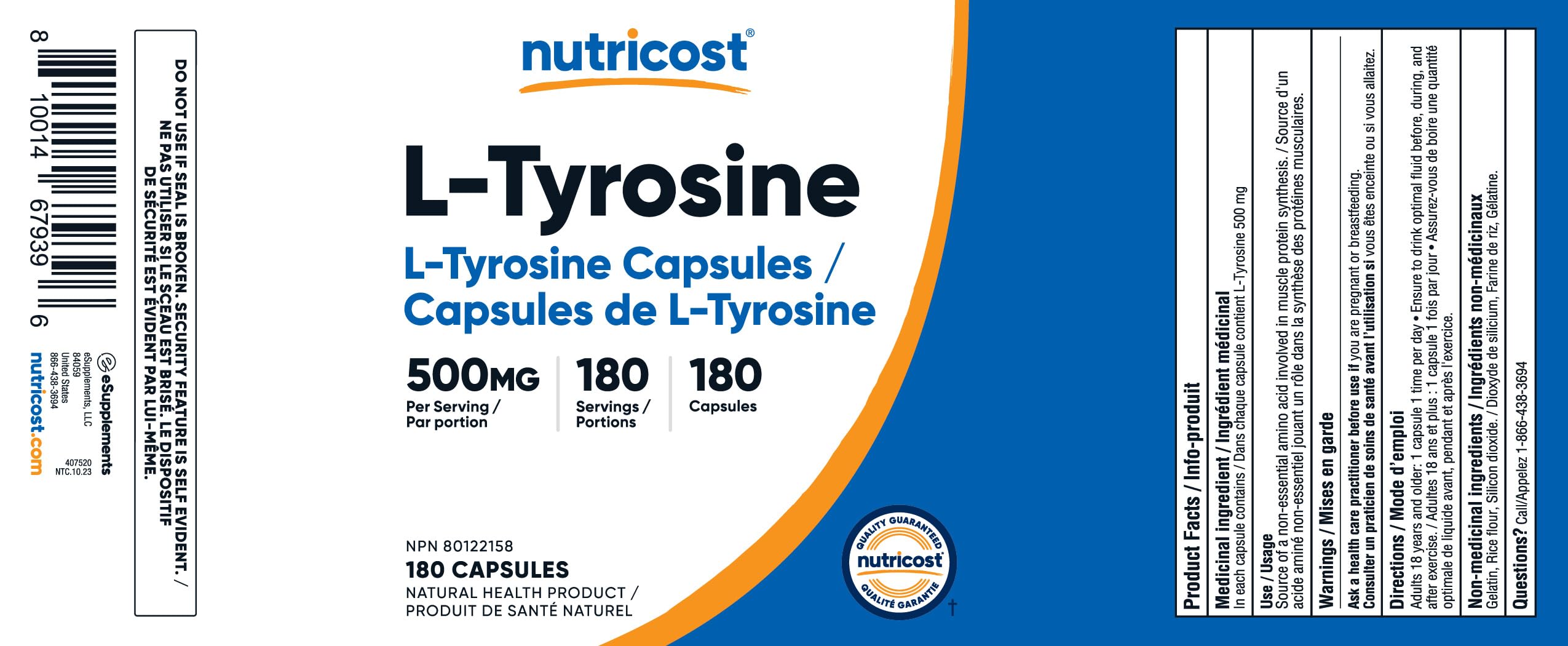 Nutricost L-Tyrosine Supplement (500mg) 180 Capsules - Gluten Free & Non-GMO 🍁 All In One Marketplace Canada