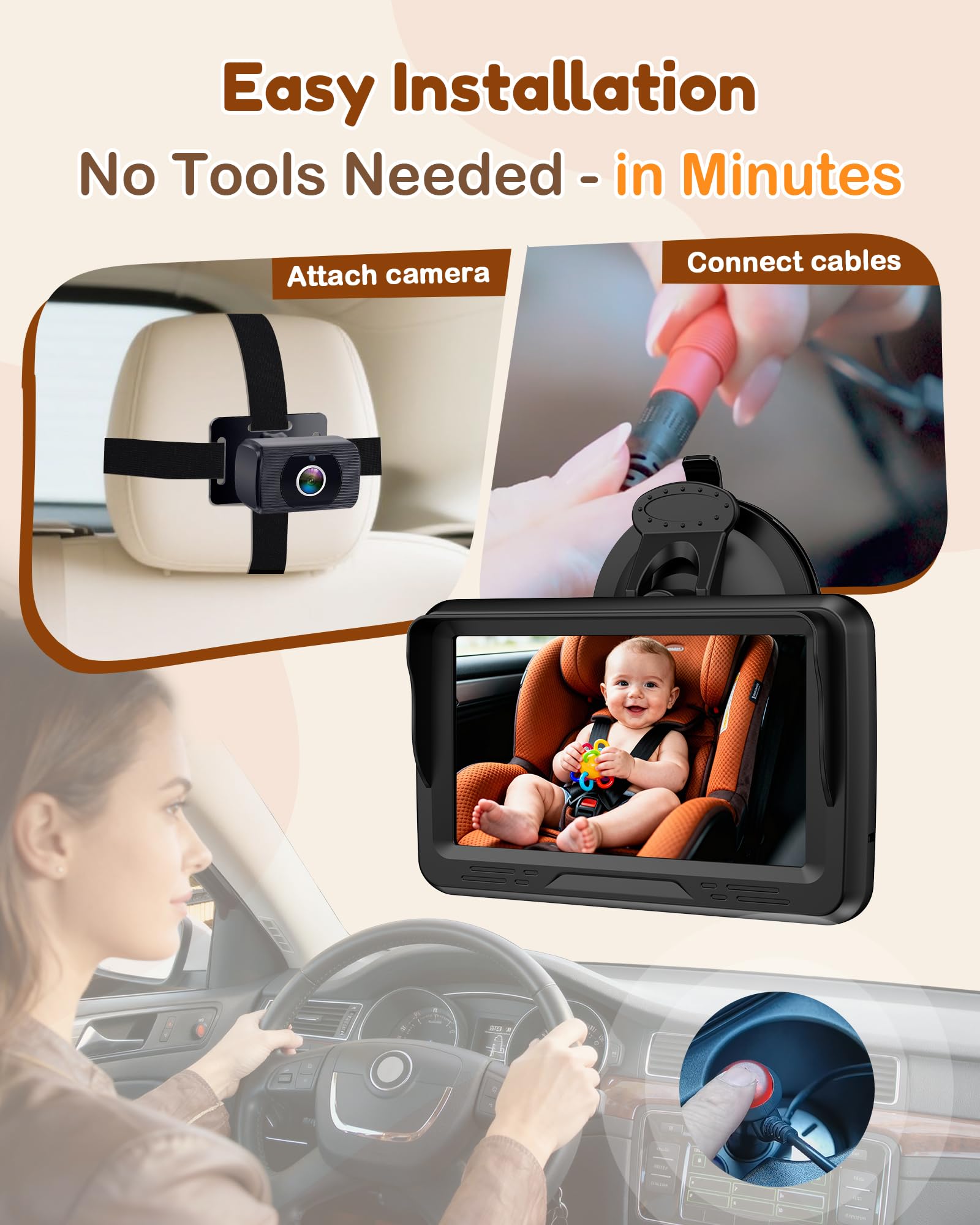 Rohent Baby Car Camera HD 1080P - Rear-Facing Infant Monitor with Night Vision Car Camera for Baby 150° Wide-Angle Lens Anti-Glare Screen Easy Install 360° Adjustable Display 🍁 All In One Marketplace Canada