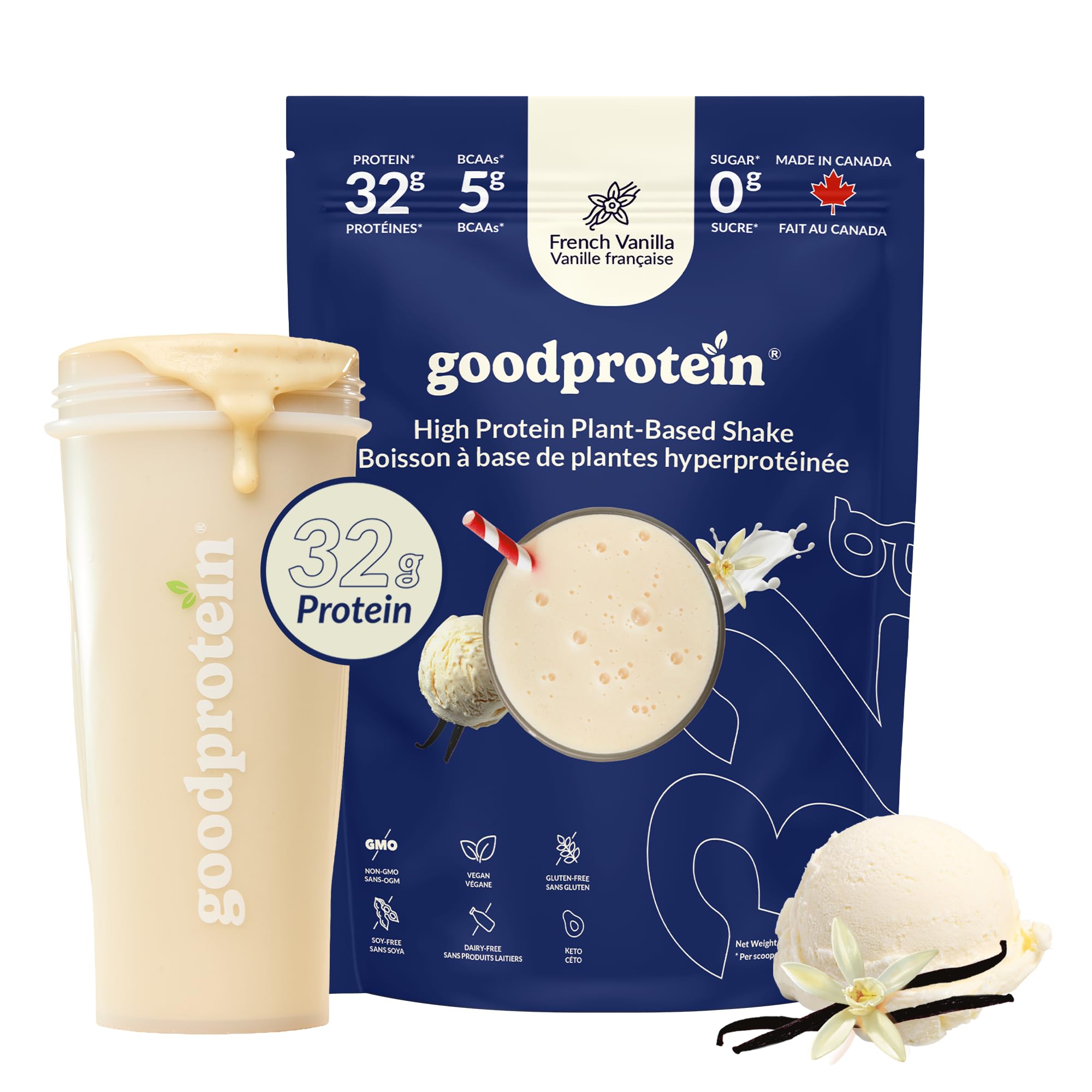 Good Protein – 32g Protein, Vegan High Protein Powder, 100% Natural, Non-GMO, Dairy-free, Gluten & Soy Free and No Added Sugar. Plant-Based Protein Shake (French Vanilla, 470 g) 🍁 All In One Marketplace Canada