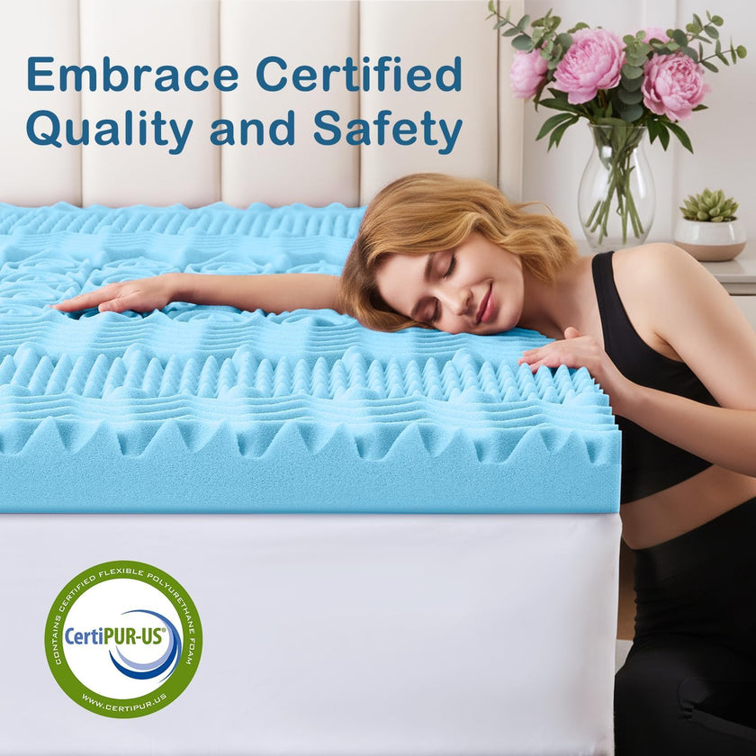 YUGYVOB Mattress Topper Queen, Foam Queen Mattress Topper, Cooling Gel Infused Bed Topper, 7 Zone Egg Crate Foam, CertiPUR-US Certified, 2 Inch 🍁 All In One Marketplace Canada