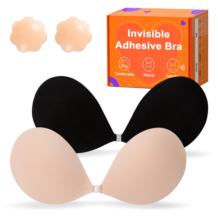 GKHWON Adhesive Bra Strapless Backless Invisible Push Up Sticky Bra with Silicone Nipple Covers Reusable Beige+Black B 🍁 All In One Marketplace Canada