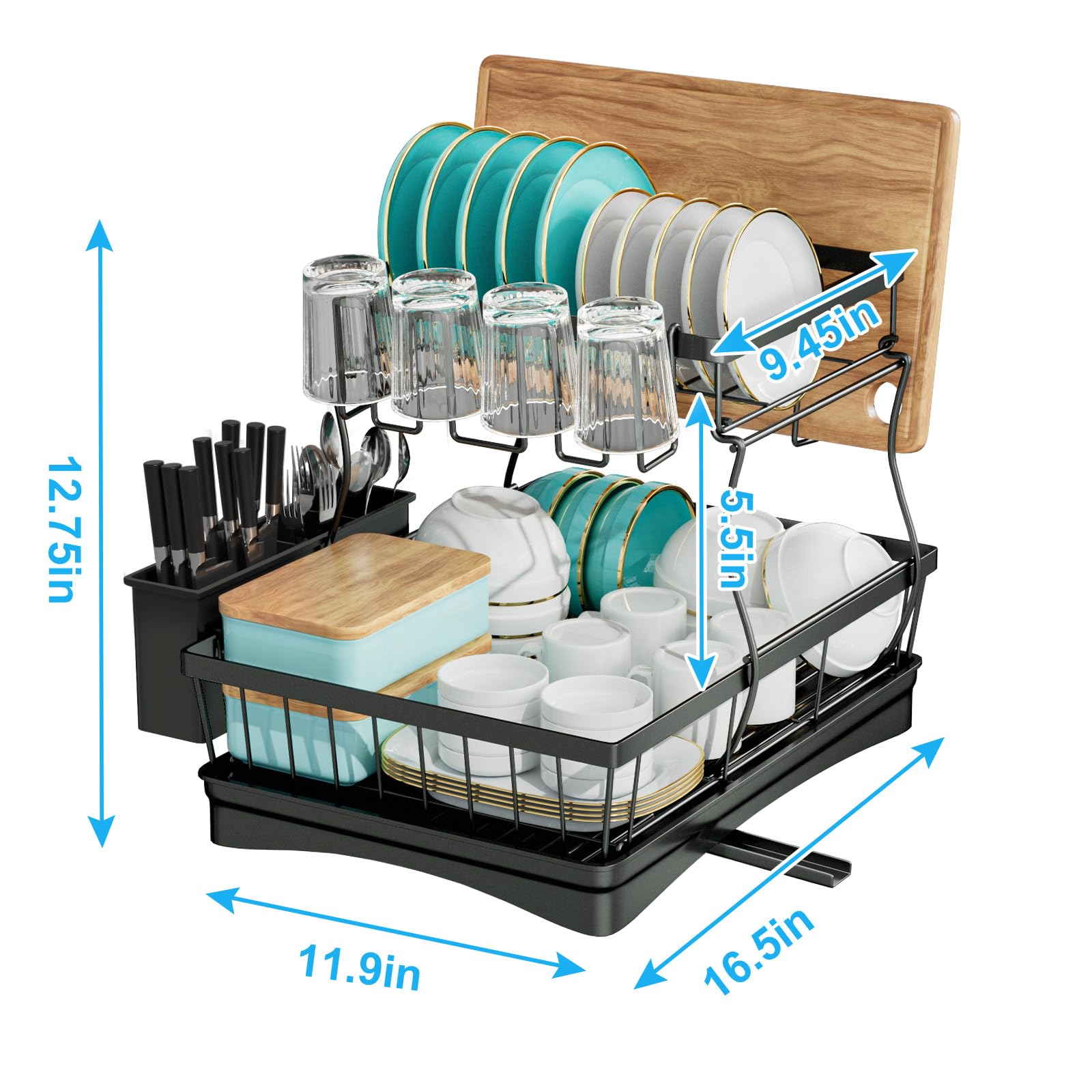 7 code Large Dish Drying Rack for Kitchen Counter,Detachable Large Capacity Dish Drainer Organizer with Utensil Holder,2-Tier Dish Drying Rack with Drain Board,Black 🍁 All In One Marketplace Canada
