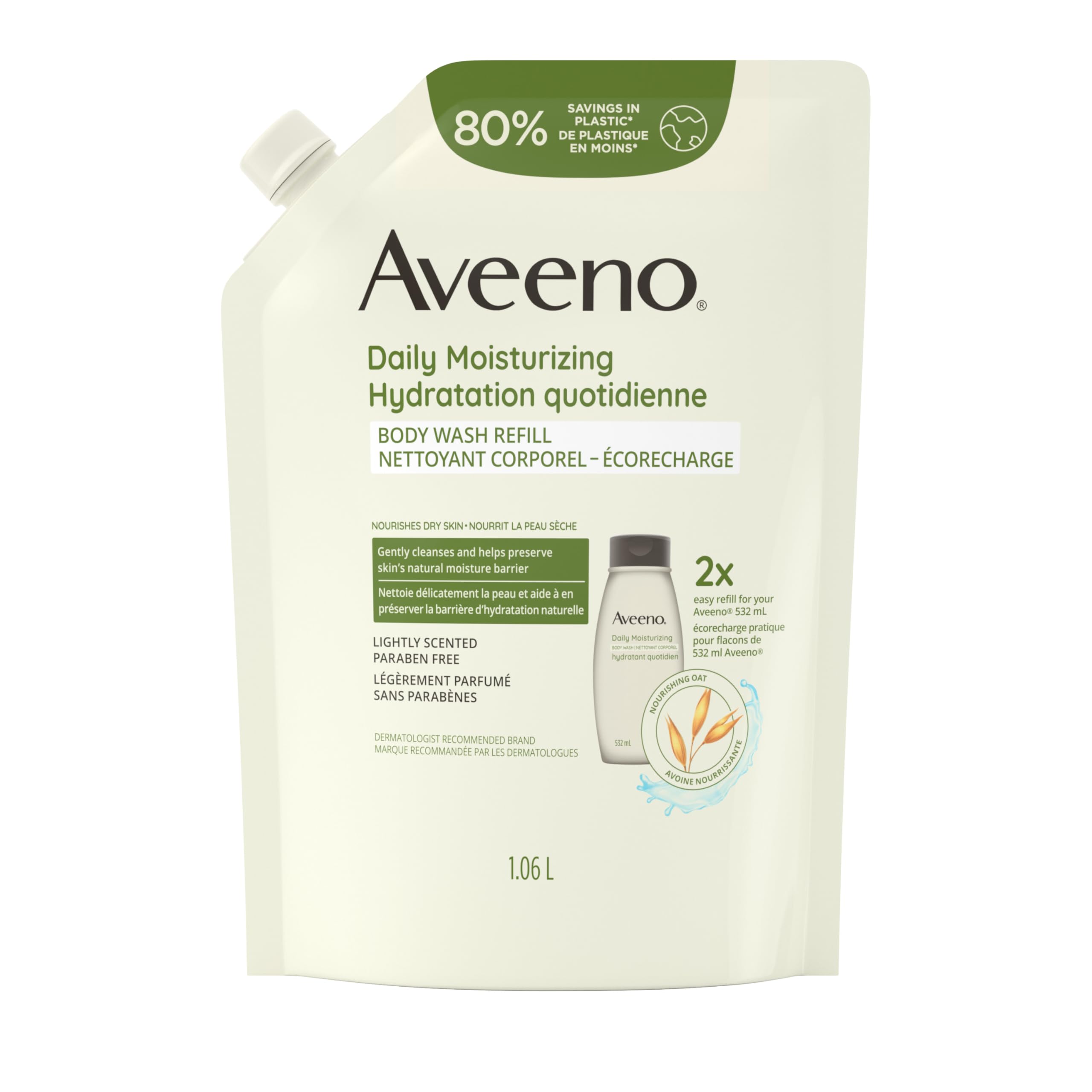 Aveeno Daily Moisturizing Body Wash for Dry & Sensitive Skin with Prebiotic Oat, Hydrating Oat Body Wash Nourishes Dry Skin & Gently Cleanses, Light Fragrance, Sulfate-Free, 1.06L, Refill Pack 🍁 All In One Marketplace Canada