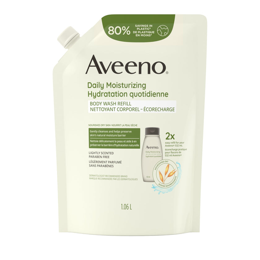 Aveeno Daily Moisturizing Body Wash for Dry & Sensitive Skin with Prebiotic Oat, Hydrating Oat Body Wash Nourishes Dry Skin & Gently Cleanses, Light Fragrance, Sulfate-Free, 1.06L, Refill Pack 🍁 All In One Marketplace Canada