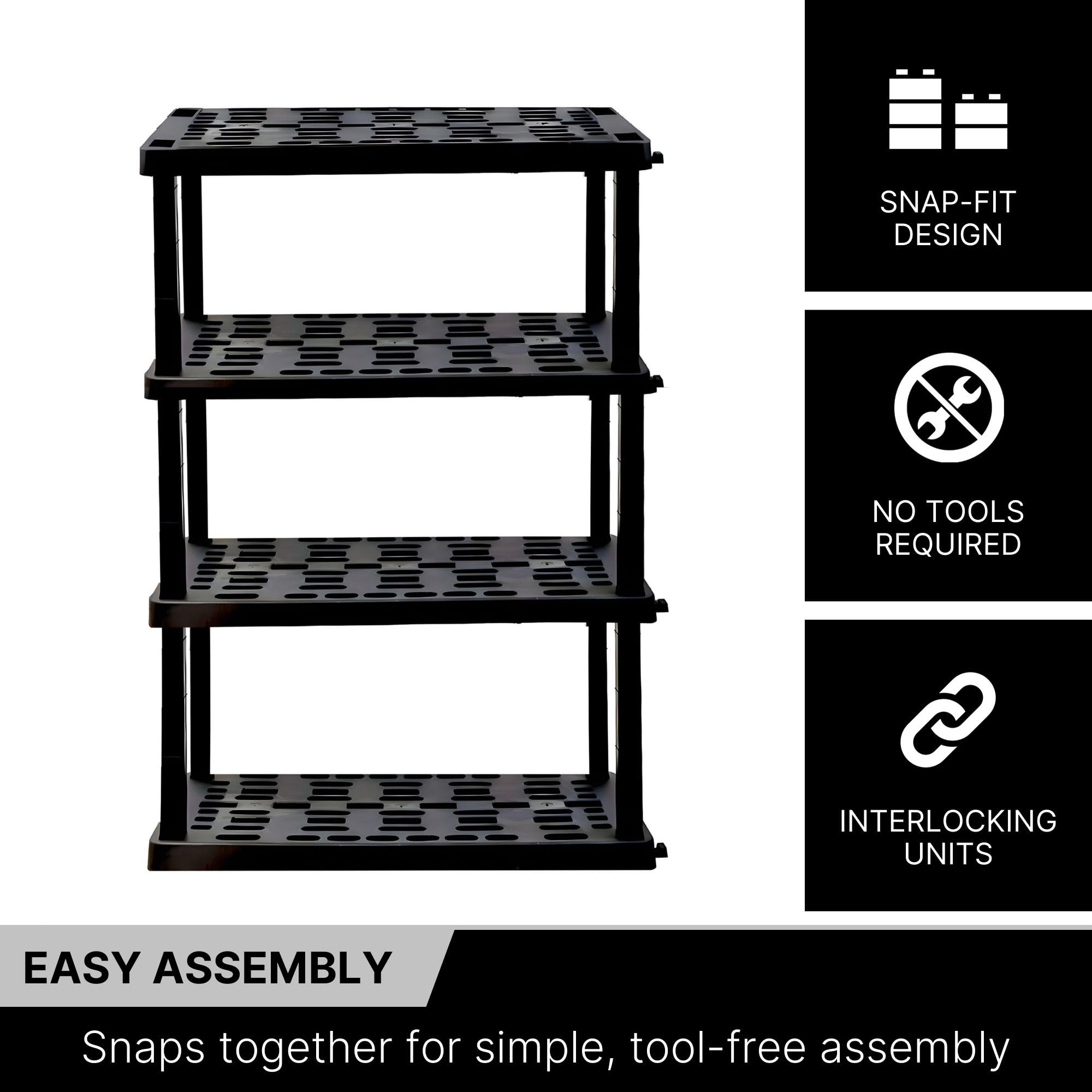 Koolatron Oscar Heavy Duty Plastic Storage Shelves- for Garage, Kitchen, Bathroom Basement, Kids Room, Toys,Stackable 4-Tier Black, Organizer Rack for Books Shoes, Pantry, Cleaning, Made in Canada 🍁 All In One Marketplace Canada