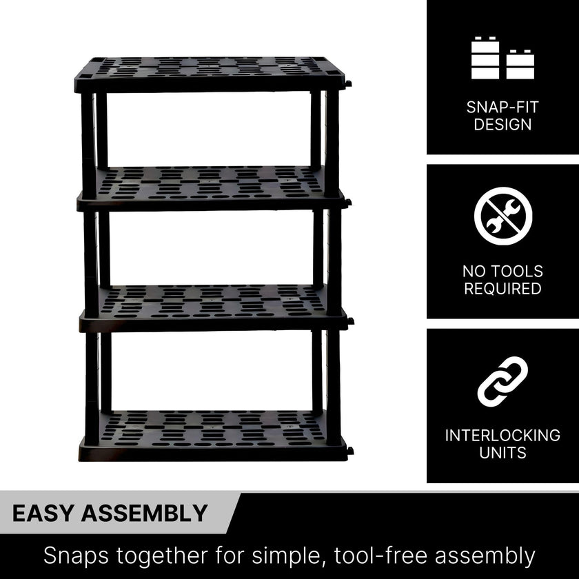 Koolatron Oscar Heavy Duty Plastic Storage Shelves- for Garage, Kitchen, Bathroom Basement, Kids Room, Toys,Stackable 4-Tier Black, Organizer Rack for Books Shoes, Pantry, Cleaning, Made in Canada 🍁 All In One Marketplace Canada