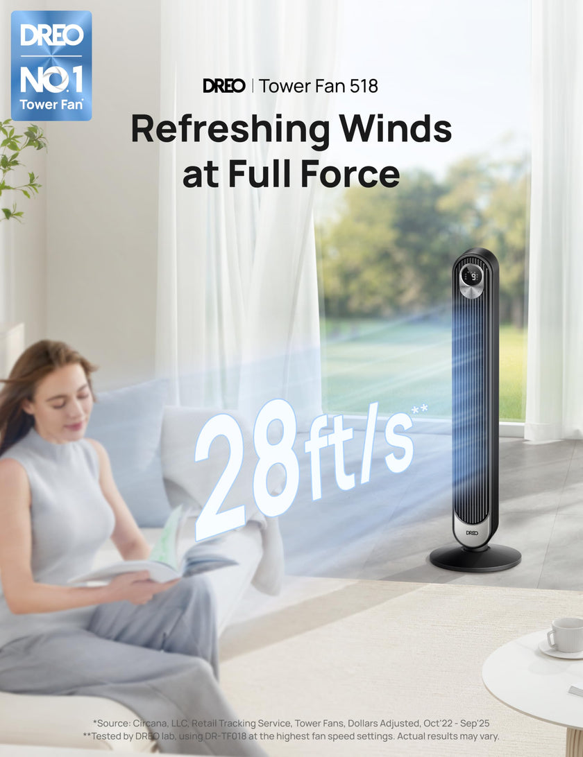 DREO Tower Fan for Bedroom, DC Motor, 28 ft/s, 20dB Quiet Oscillating Bladeless Fan with Remote, 9 Speeds, 4 Modes, 12H Timer, LED Display, Standing Floor Fan Powerful for Indoor Home Office Room 🍁 All In One Marketplace Canada