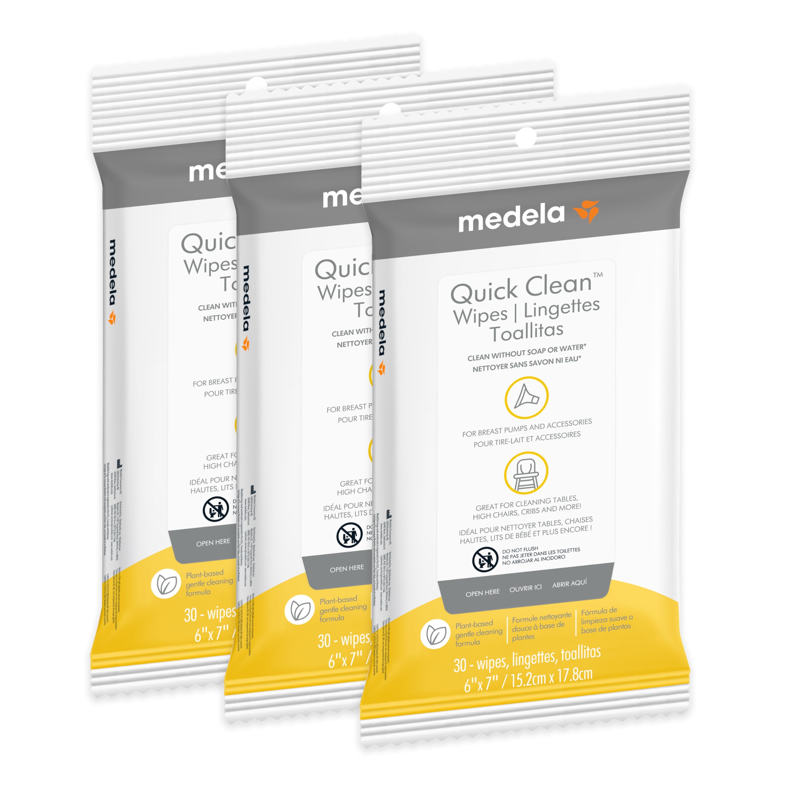 Medela Quick Clean Wipes for On-the-Go Cleaning of Breast Pumps, Accessories, and Various Surfaces, Resealable, Plant-Based, 3 Packs of 30 (90 Count) 🍁 All In One Marketplace Canada