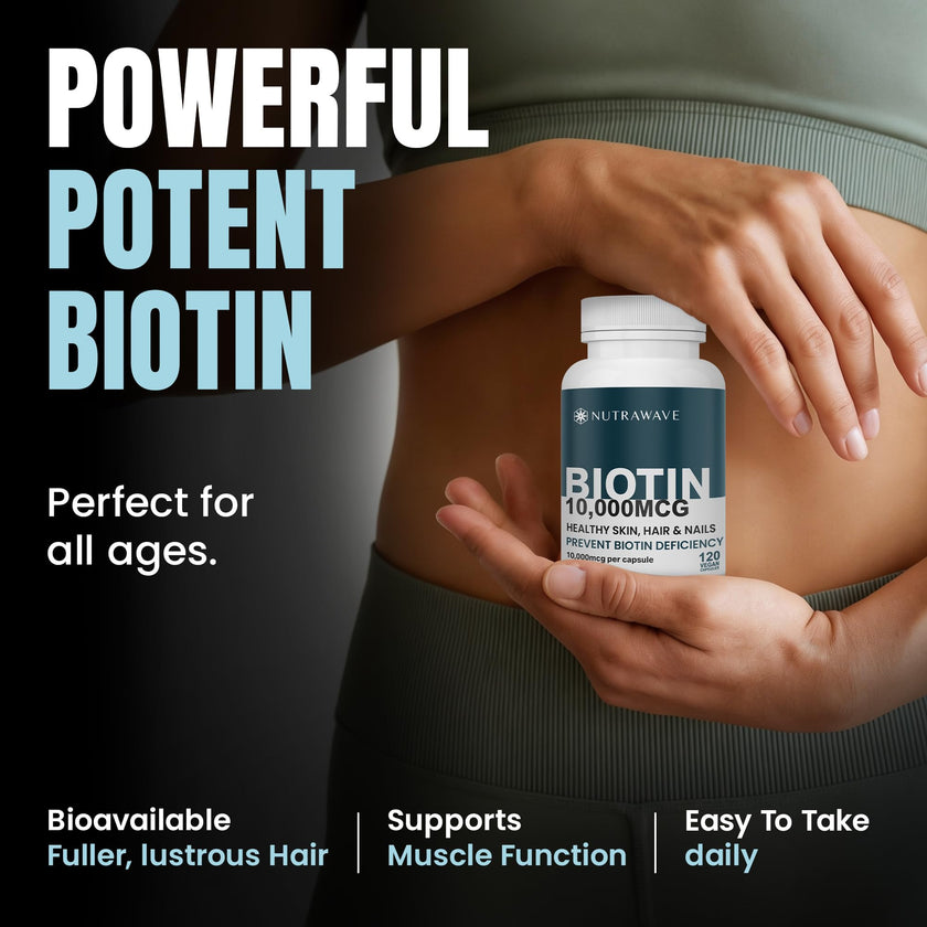Nutrawave Extra Strength Biotin 10000mcg – Biotin for Hair Growth, Lush Hair, Glowing Skin & Strong Nails, Ideal for Women & Men, Non-GMO, Vegan, Gluten-Free. 120 Capsules 🍁 All In One Marketplace Canada