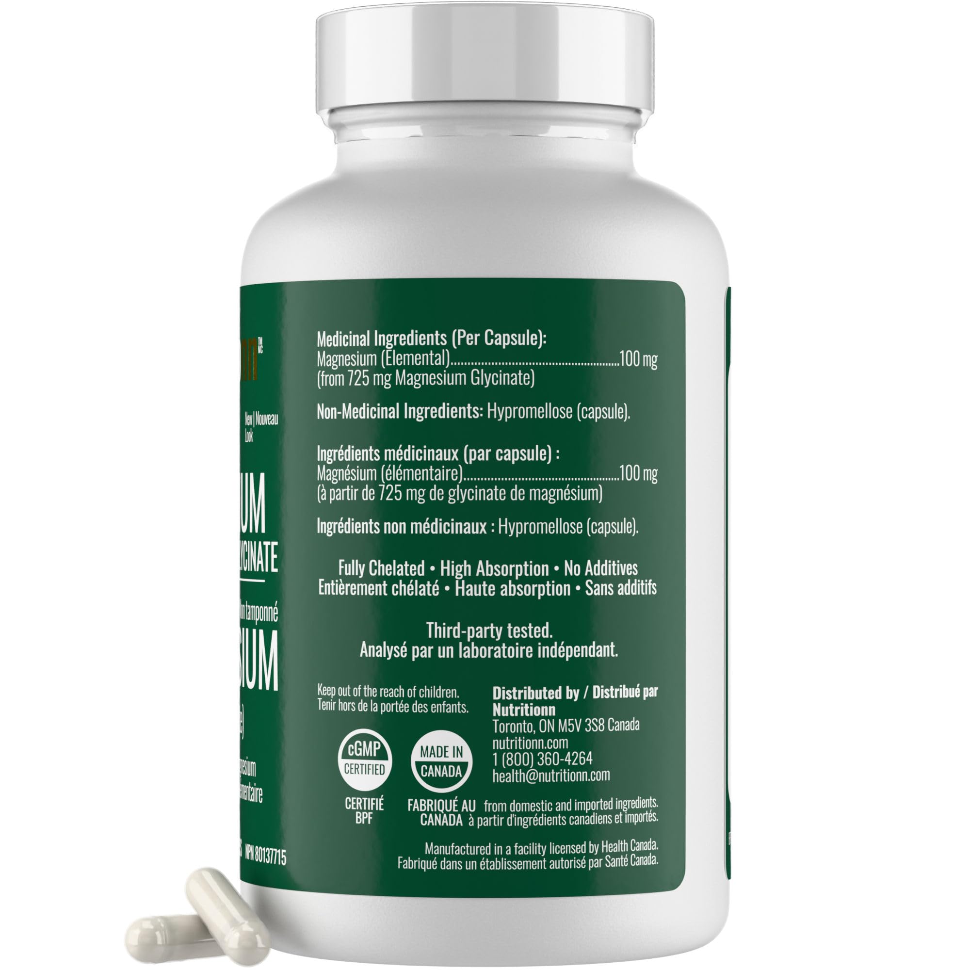 Magnesium Glycinate 100 mg Capsules (Elemental) from Non-Buffered Fully Chelated 100% Magnesium Bisglycinate - 124 High-Absorption Capsules with No Additives - Made in Canada - Nutritionn 🍁 All In One Marketplace Canada